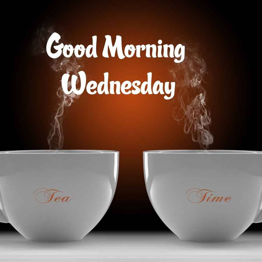 happy wednesday 桌布 壁紙 — 兩個冒著蒸氣的白色馬克杯，分別標示 Tea 和 Time，並排放置在溫暖發光的背景上，上面有文字 Good Morning Wednesday。