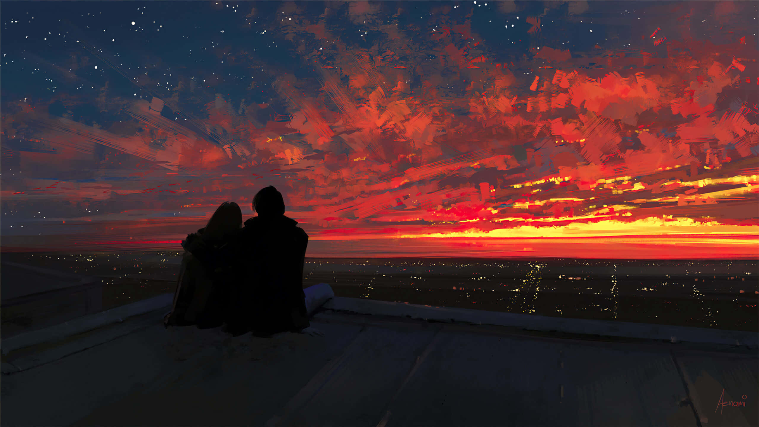 Silhouette 桌布 壁紙 — 兩個剪影人物一起坐在屋頂上，觀看火紅的夕陽劃過城市上空繁星點點的天空。