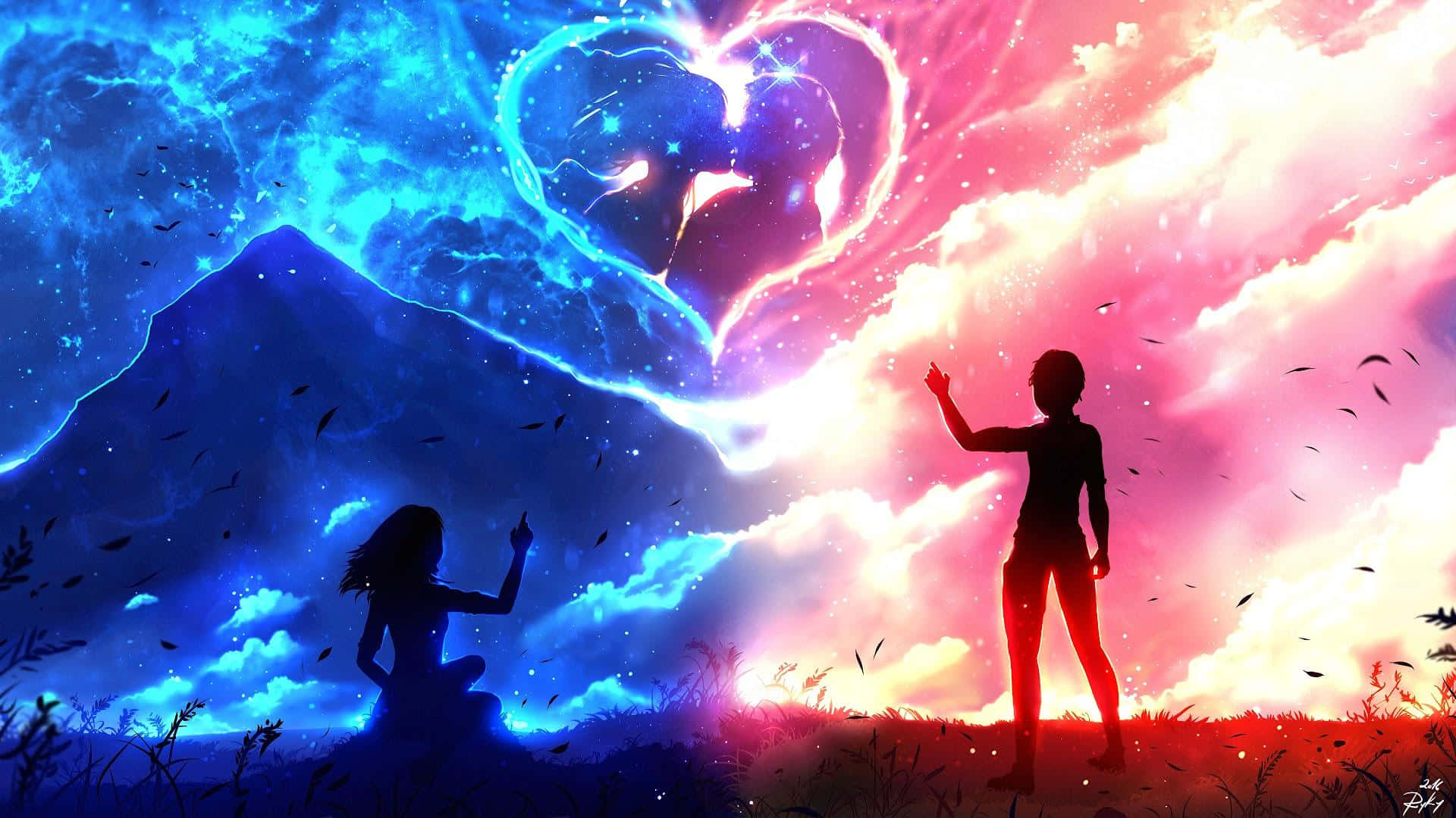 Relationship Cute Couple 桌布 壁紙 — 兩個剪影人物仰望，一個發光的愛心形宇宙實體在充滿活力的藍色和粉紅色天空之間形成。
