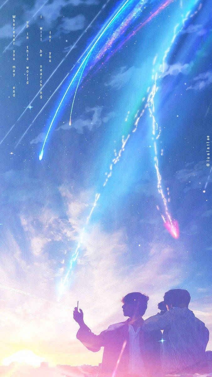 kimi no na wa phone 桌布 壁紙 — 兩個剪影人物仰望，鮮豔的宇宙條紋照亮了佈滿星星和柔軟雲朵的暮色天空。
