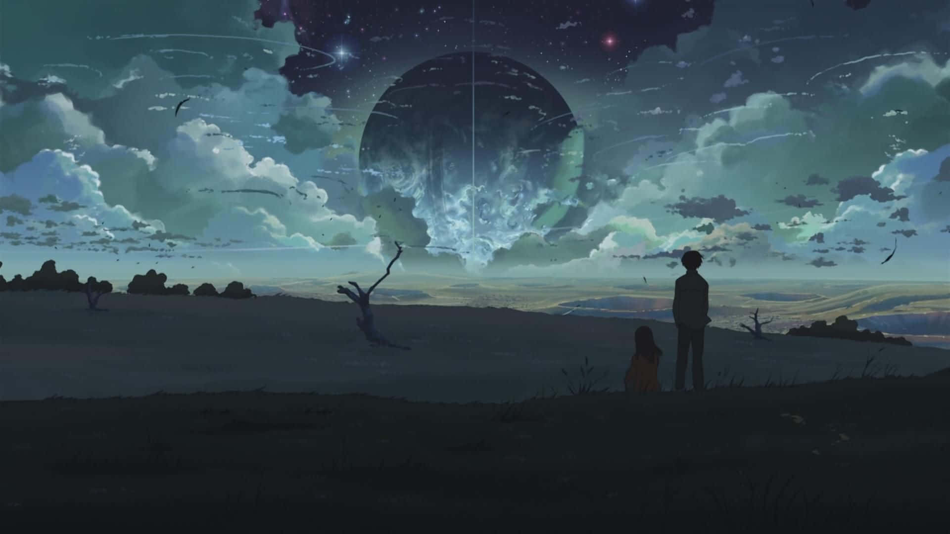 桌布 壁紙 — 兩個剪影人物仰望一個巨大的發光行星，懸浮在荒涼的景觀之上，背景是星光閃爍的暮色天空。