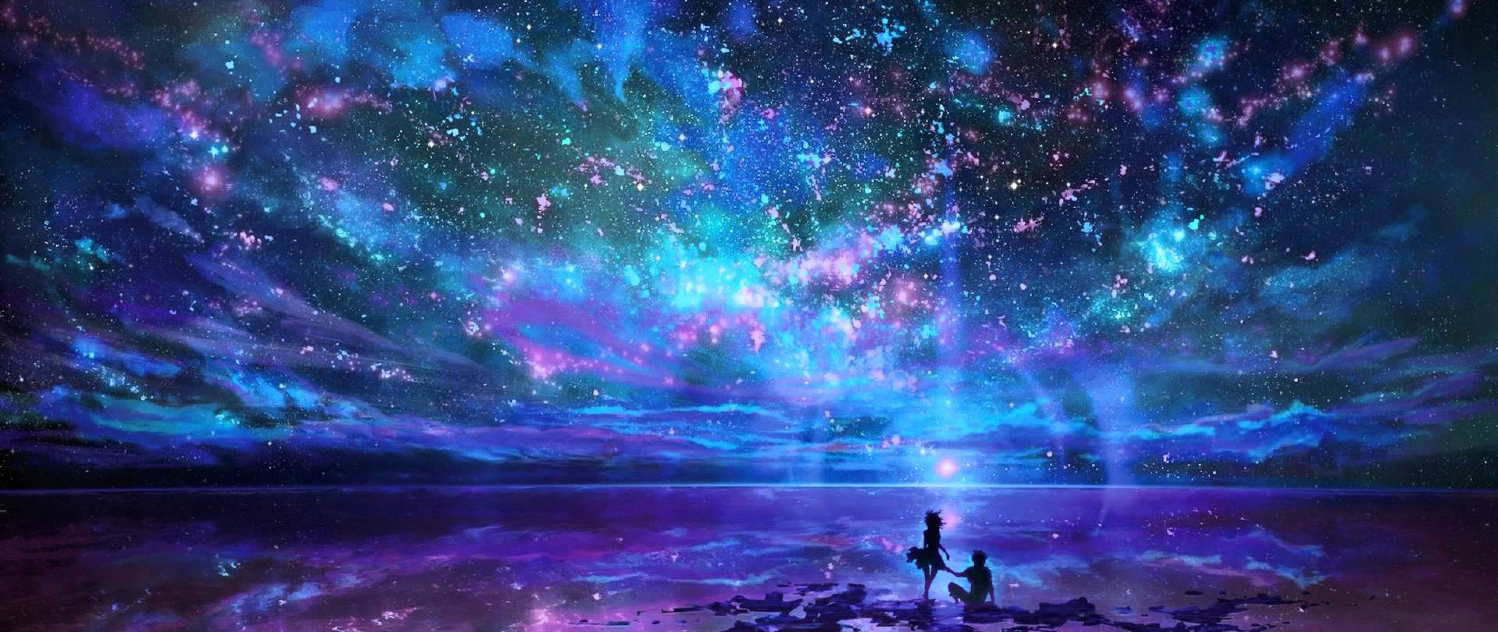 4K ultra widescreen 桌布 壁紙 — 兩個剪影人物仰望充滿閃爍星星和星雲的 vibrant 宇宙天空，下方是反射著紫色光芒的大海。
