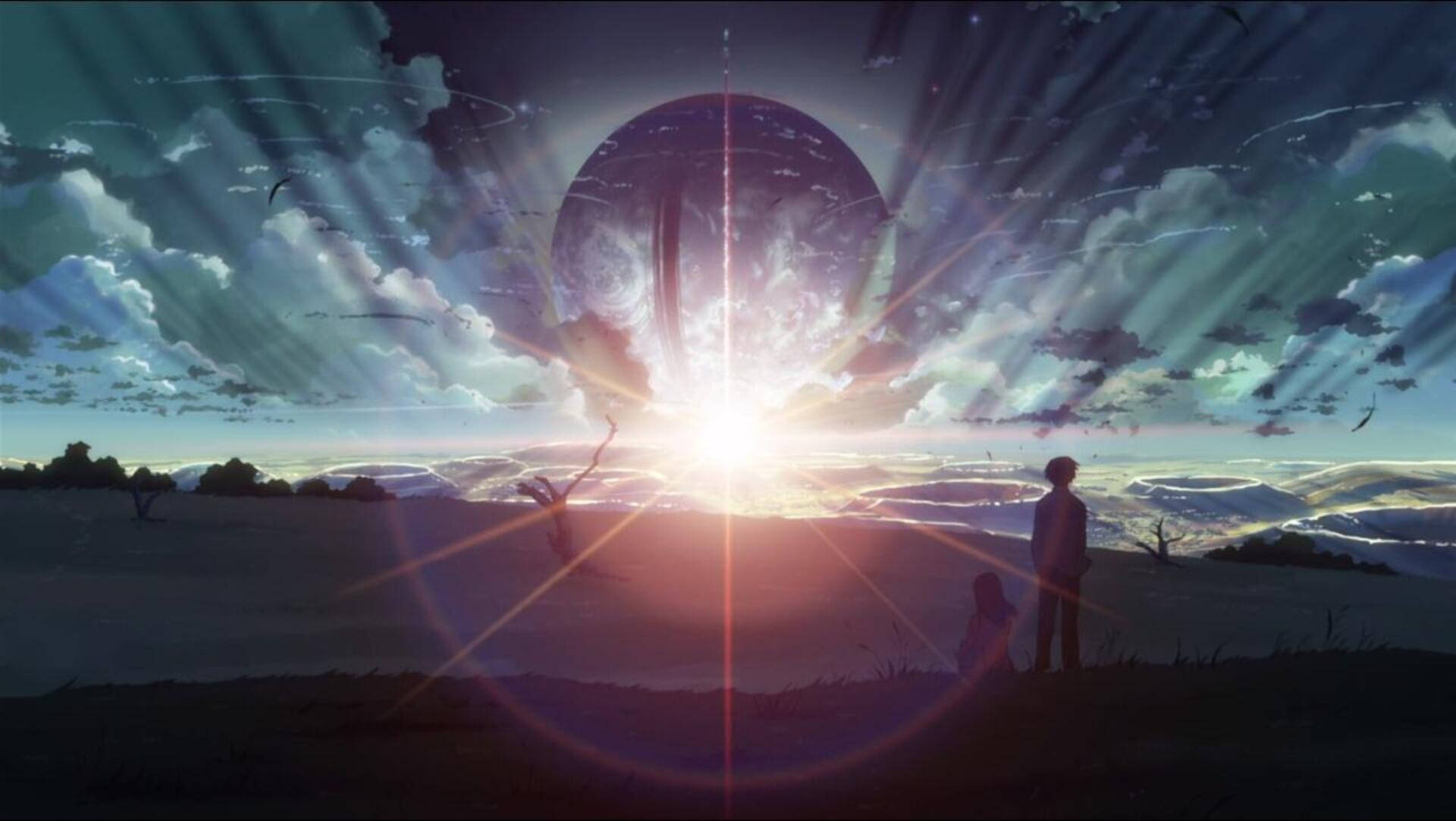 兩個人站在山丘上，看著一顆發光的行星在日落時升起。 — 5K 壁紙