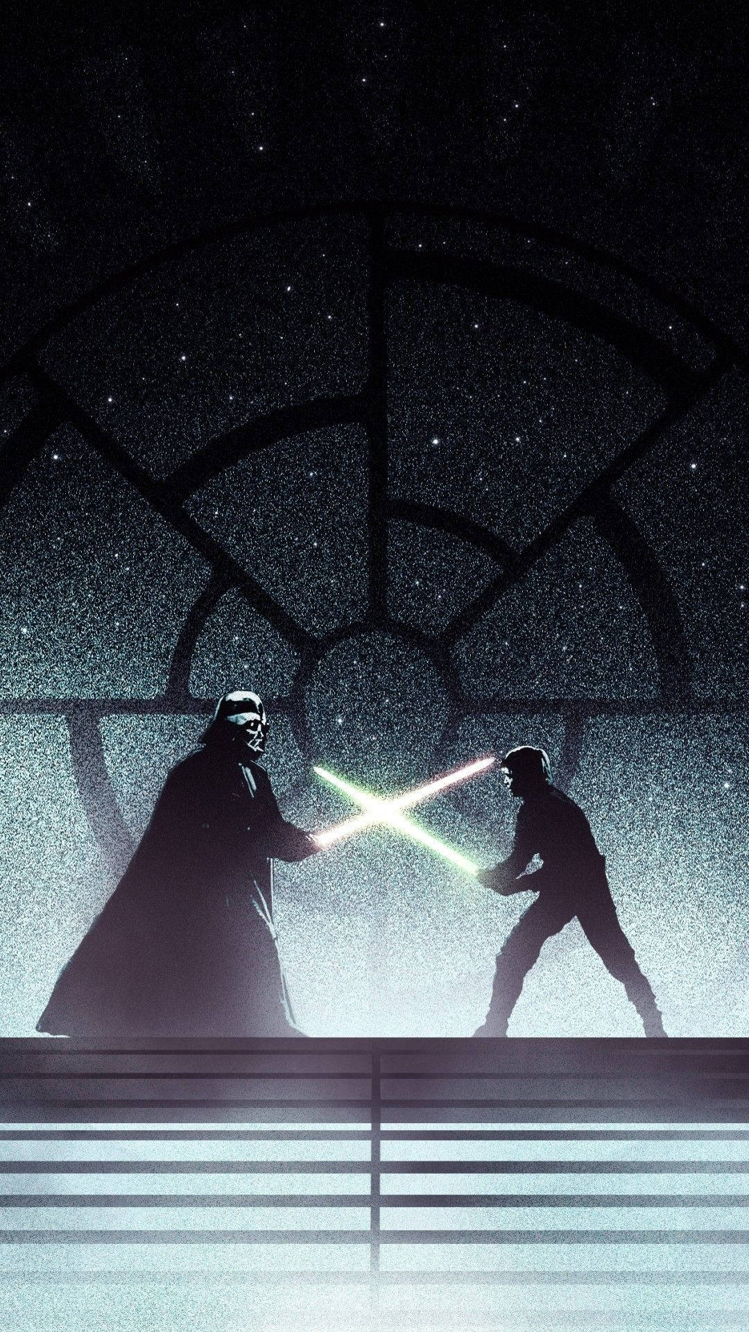 star wars 4K iPhone 桌布 壁紙 — 兩個剪影人物在一個大型圓形窗戶框住的星空背景下，用發光的綠色光劍決鬥。