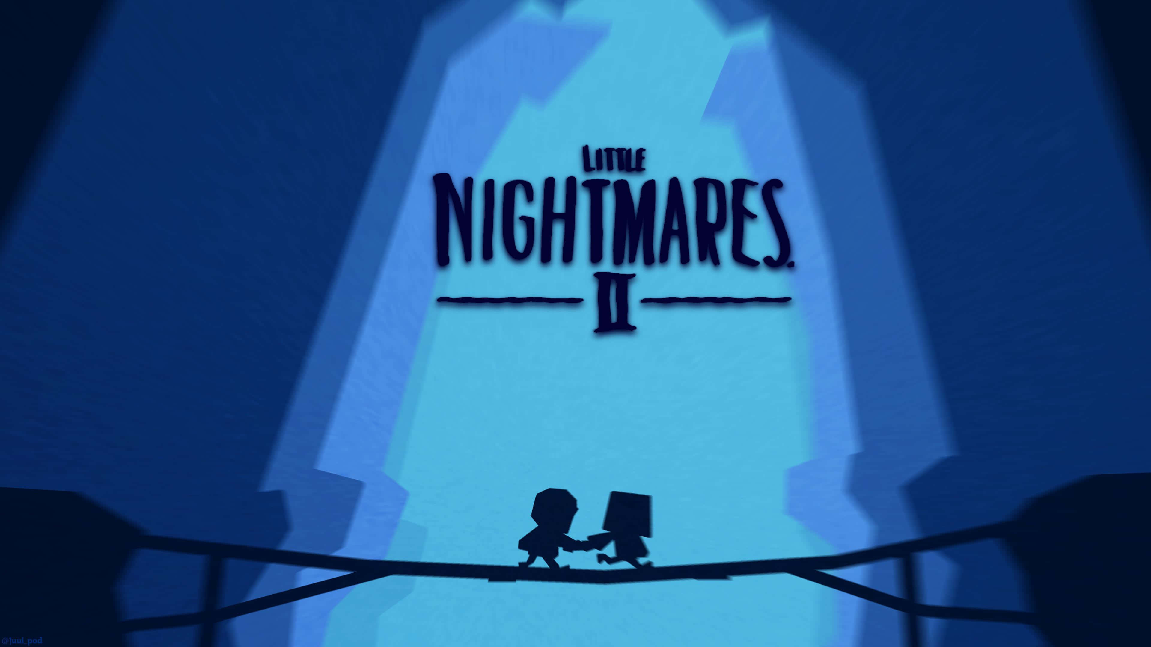 Little Nightmares 4K 桌布 壁紙 — 兩個剪影人物在一條狹窄的橋上，在發光藍色拱門下牽著手，上面有 'Little Nightmares II' 標題。