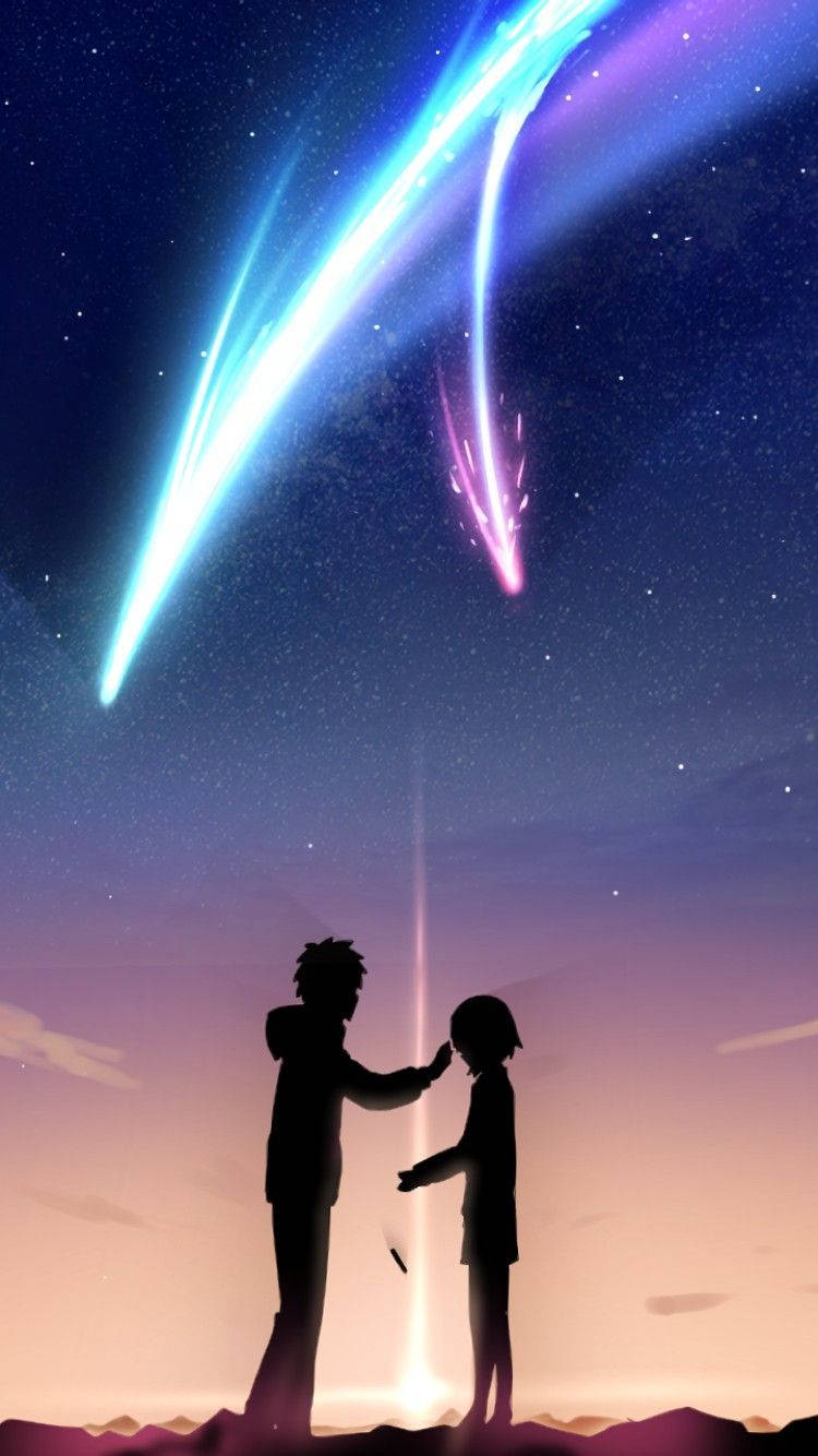 Silhouette 桌布 壁紙 — 兩個剪影人物在佈滿星星的天空下互相伸手，天空中有鮮豔的藍色和粉紅色彗星軌跡。