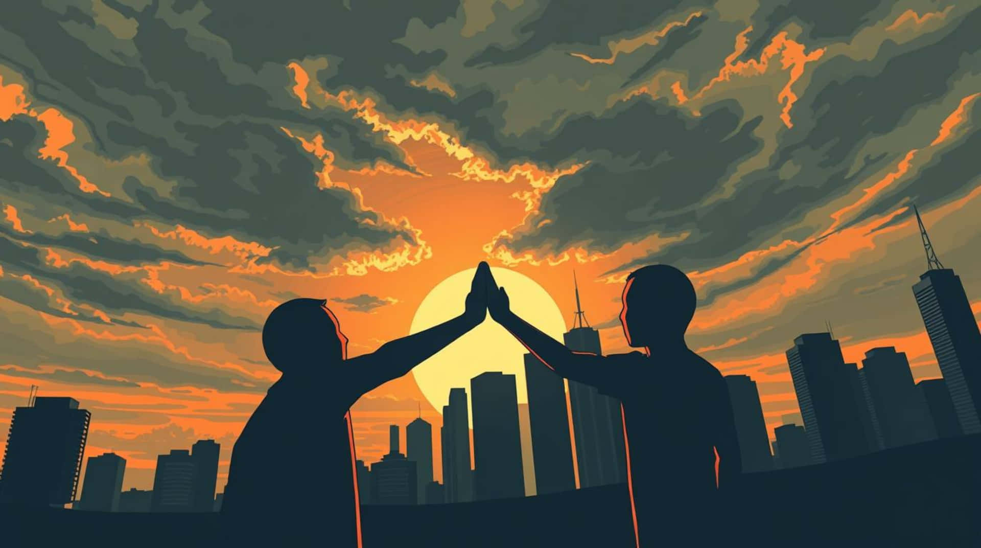 Two silhouetted figures high five against a vibrant sunset cityscape, celebrating achievement. 壁紙 — 兩個剪影人物在充滿戲劇性雲層的城市天際線上，對著鮮豔的橙色夕陽擊掌。