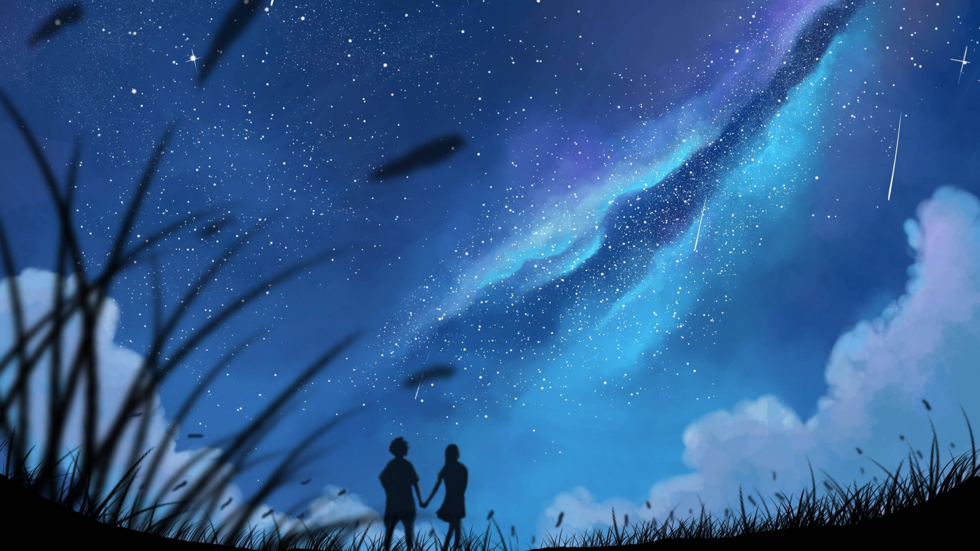 動漫 桌布 壁紙 — 兩個剪影人物在充滿活力的星空下牽手，背景有發光的宇宙雲和墜落的流星。