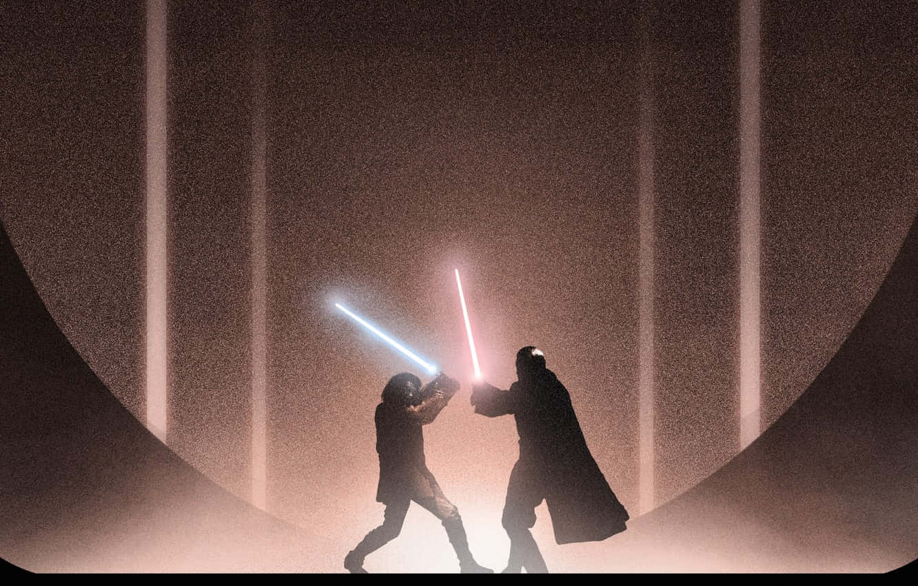 Sith Lord 桌布 壁紙 — 兩個剪影人物在圓形、佈滿灰塵的競技場內，以發光的藍色和紅色光劍決鬥，場內有垂直的光束。