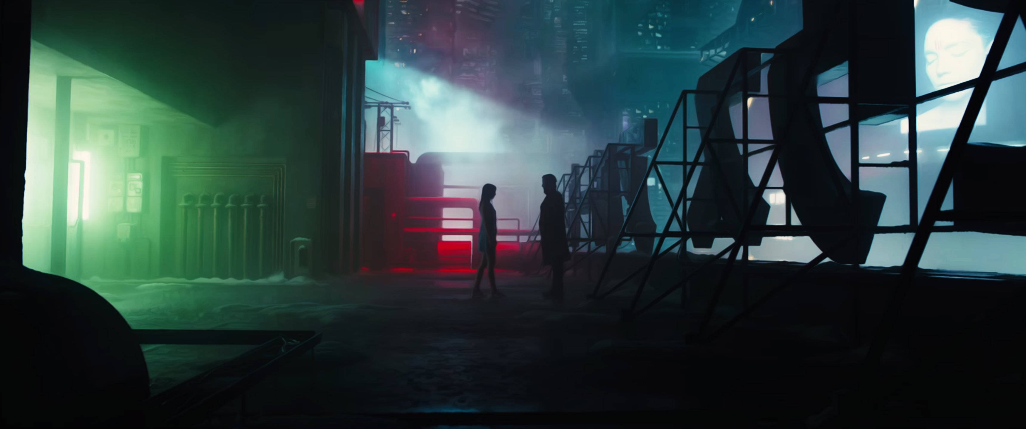 Silhouette 桌布 壁紙 — 兩個剪影人物在夜晚穿過一條充滿霓虹燈的賽博朋克小巷，綠色和紅色的燈光投射出戲劇性的陰影。