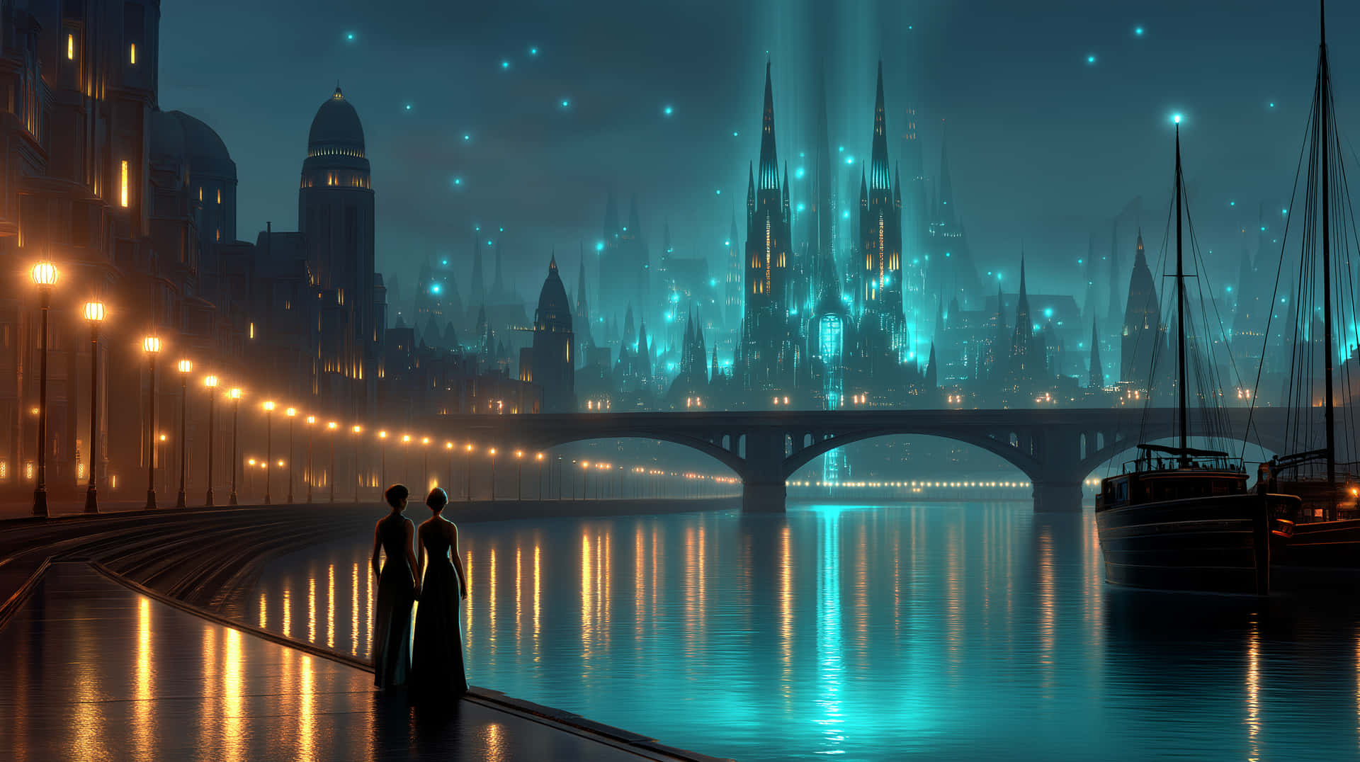 Enigmatic Figures Amidst a Luminous Future Cityscape at Dusk 壁紙 — 兩個剪影人物在夜晚站在濕潤的河岸邊，溫暖的路燈光線反射在水面上，橋樑下方通往一個發光的青綠色未來城市景觀。