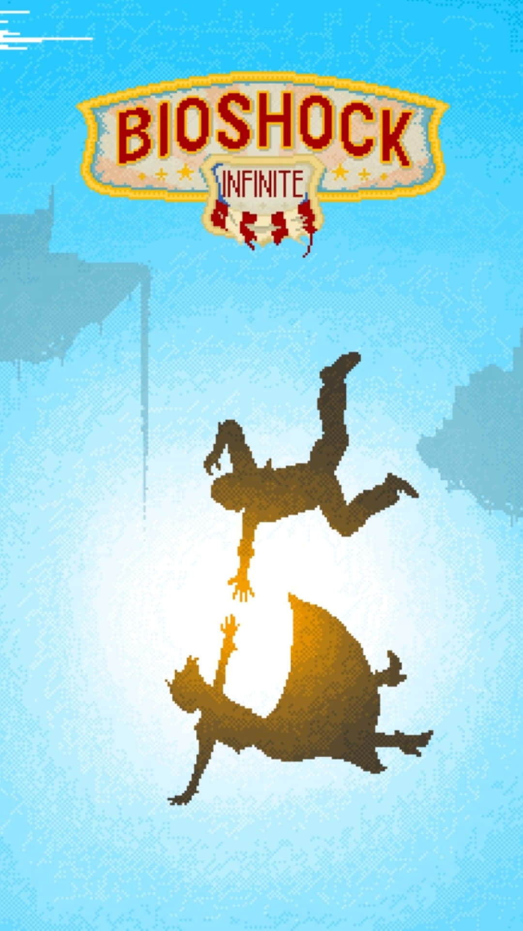 生化奇兵 桌布 壁紙 — 兩個剪影人物在復古的Bioshock Infinite標誌下穿過明亮的藍天墜落。