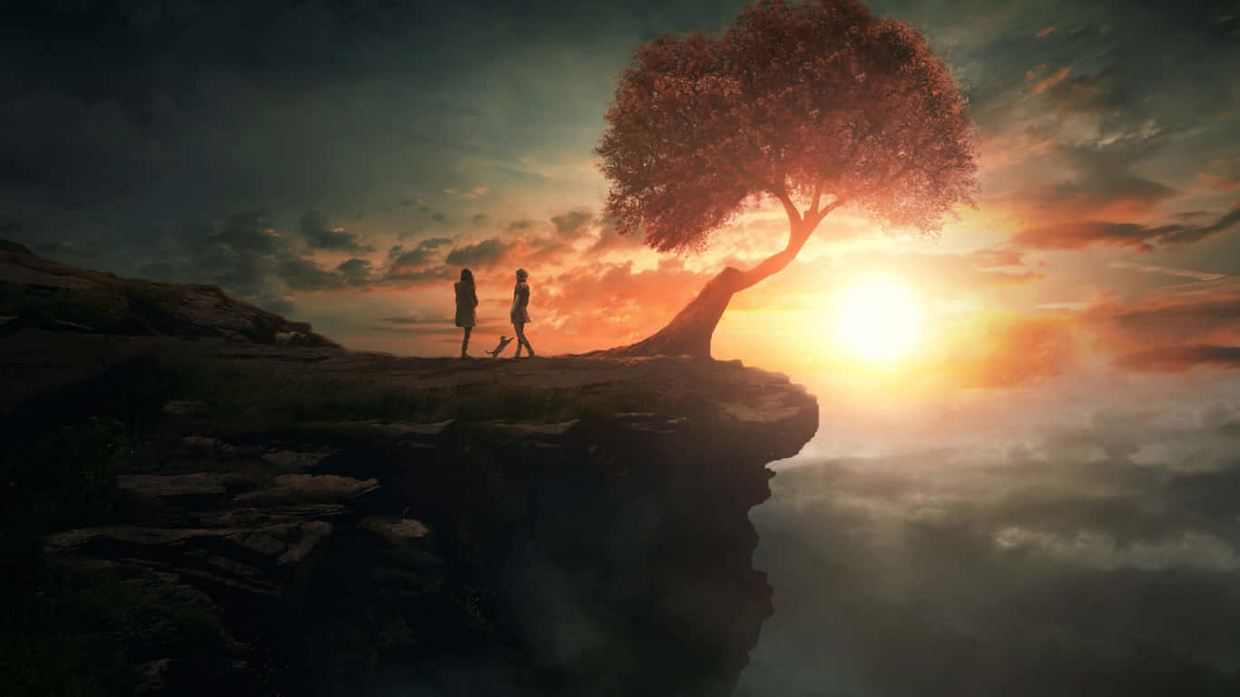 Cliff 桌布 壁紙 — 兩個剪影人物在懸崖邊緣的一棵孤樹旁行走，夕陽在雲海之上落下。