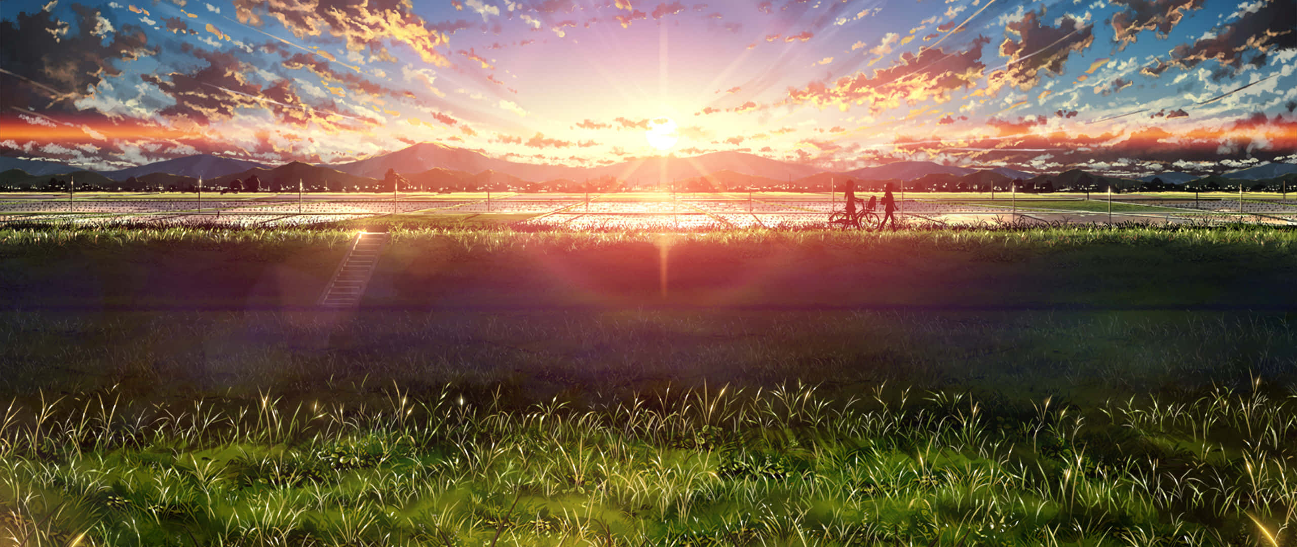 Anime Sky 桌布 壁紙 — 兩個剪影人物在日落時分沿著陽光照耀的田野行走，背景是山脈和充滿活力的橙色雲彩。