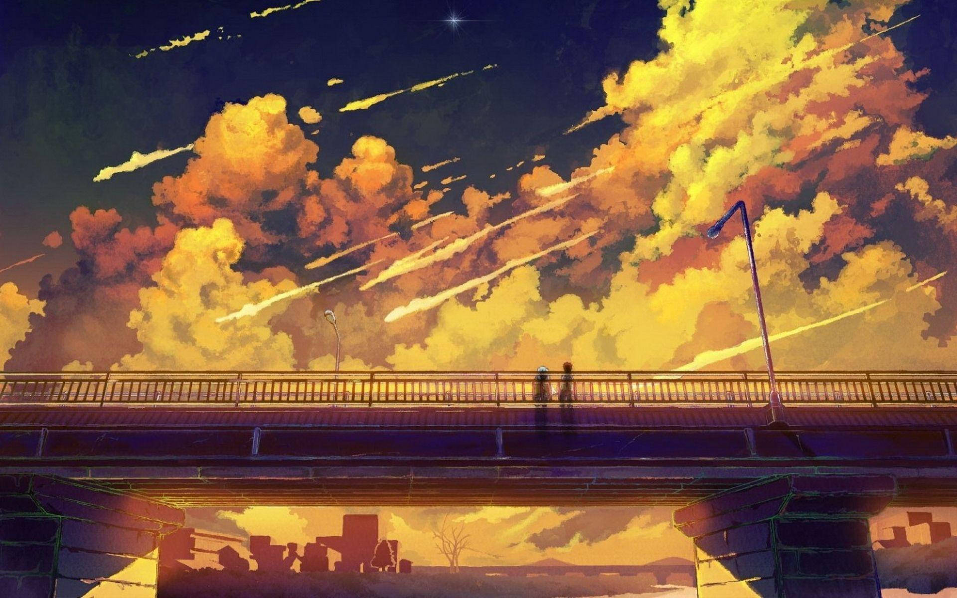 美學藝術 桌布 壁紙 — 兩個剪影人物在日落時站在橋上，火紅的雲彩在星空下掠過城市天際線。