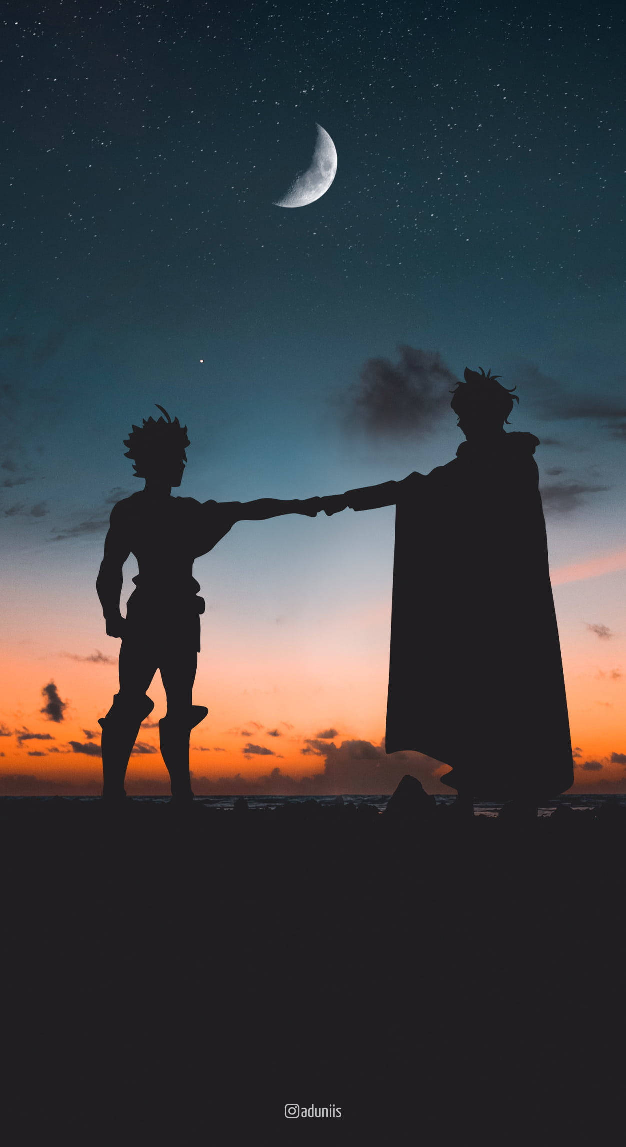 Black Clover Anime 桌布 壁紙 — 兩個剪影人物在暮色天空下牽手，天空上方有新月和星星。