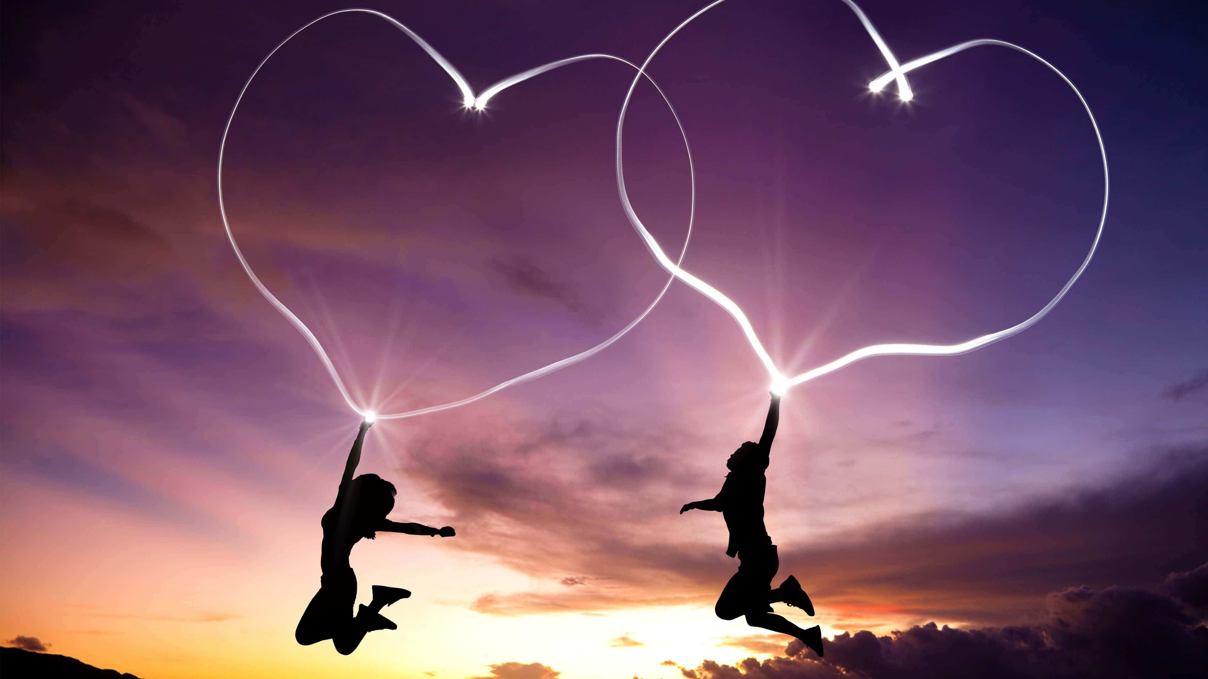 Cute Love 桌布 壁紙 — 兩個剪影人物在暮色天空中歡樂跳躍，用光跡勾勒出閃爍的心形。