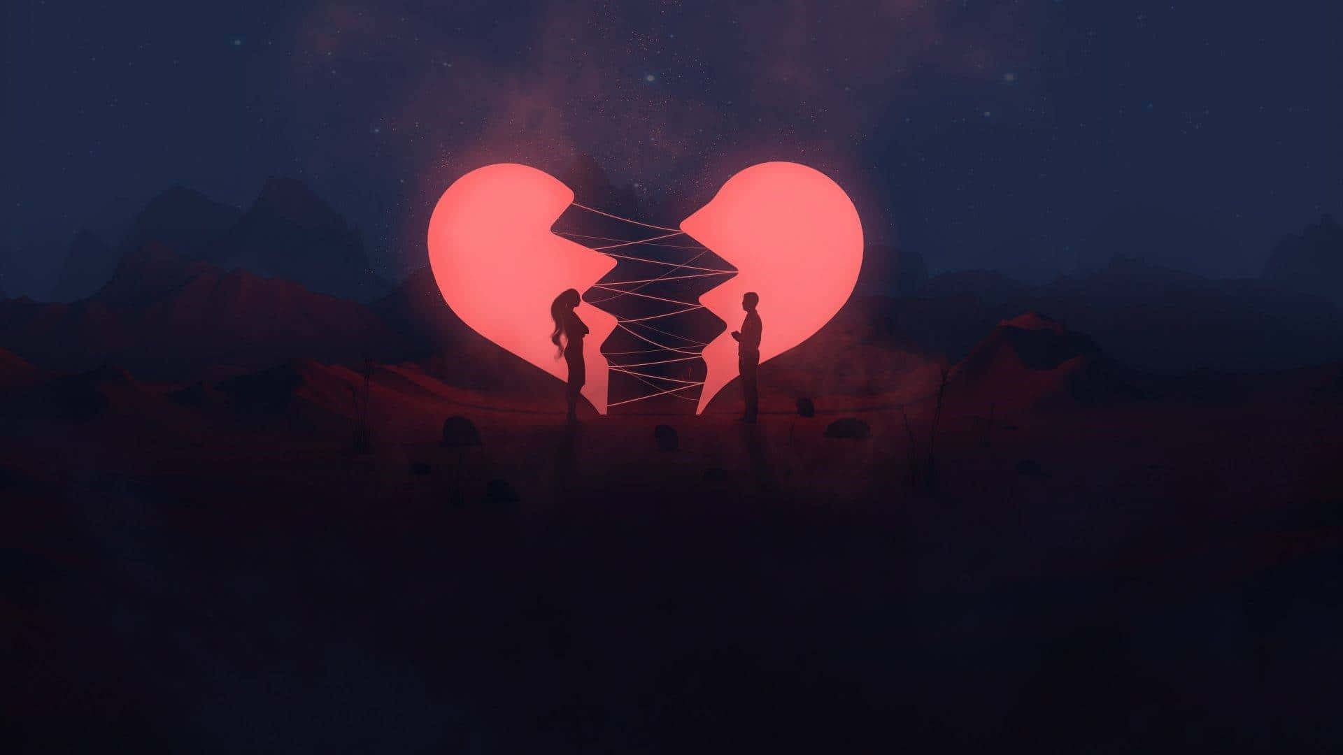 Broken Heart Aesthetics 桌布 壁紙 — 兩個剪影人物在繁星點點的沙漠夜晚中，分開站立在一個發光的破碎心形之下。
