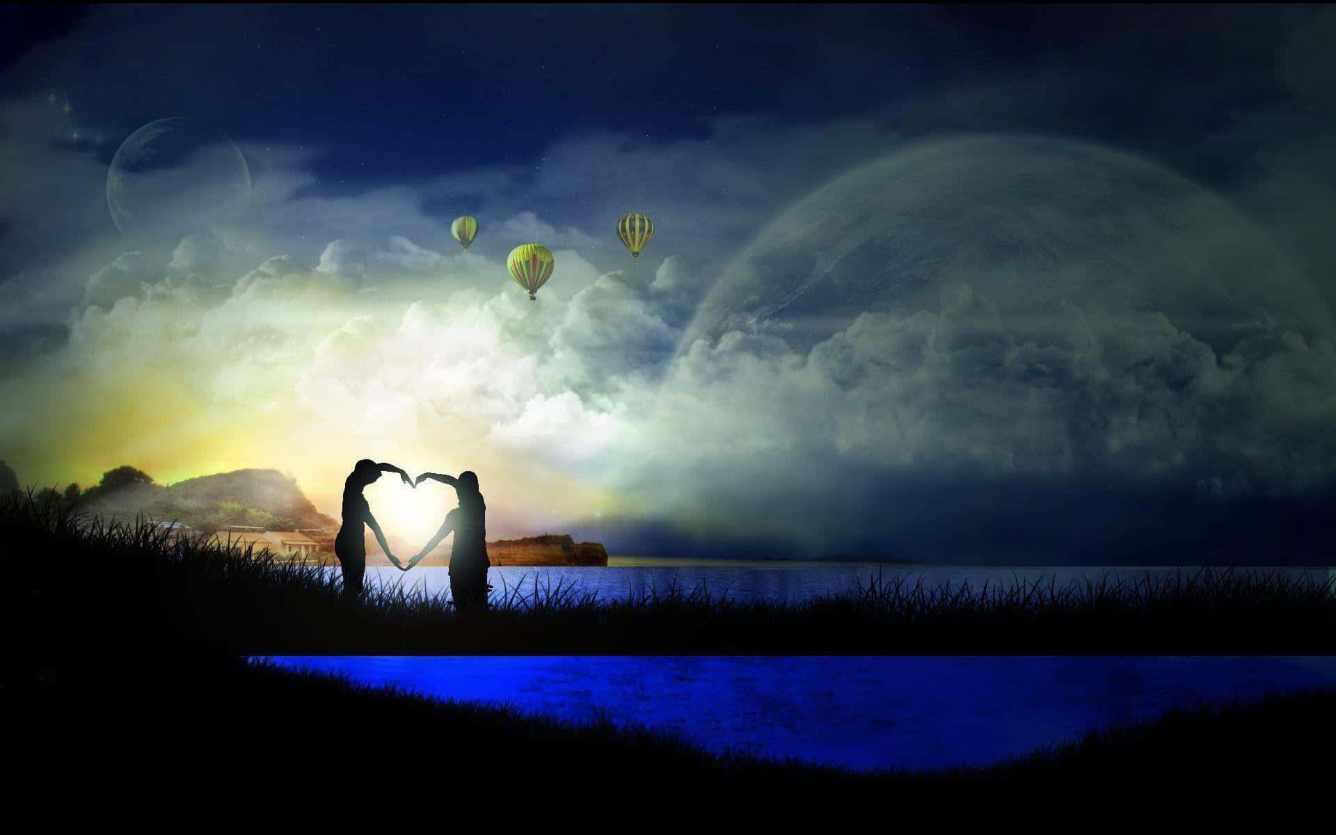 Romantic Love 桌布 壁紙 — 兩個剪影人物在超現實的暮色天空中，用雙手形成一個心形，背景有熱氣球和巨大的月亮。