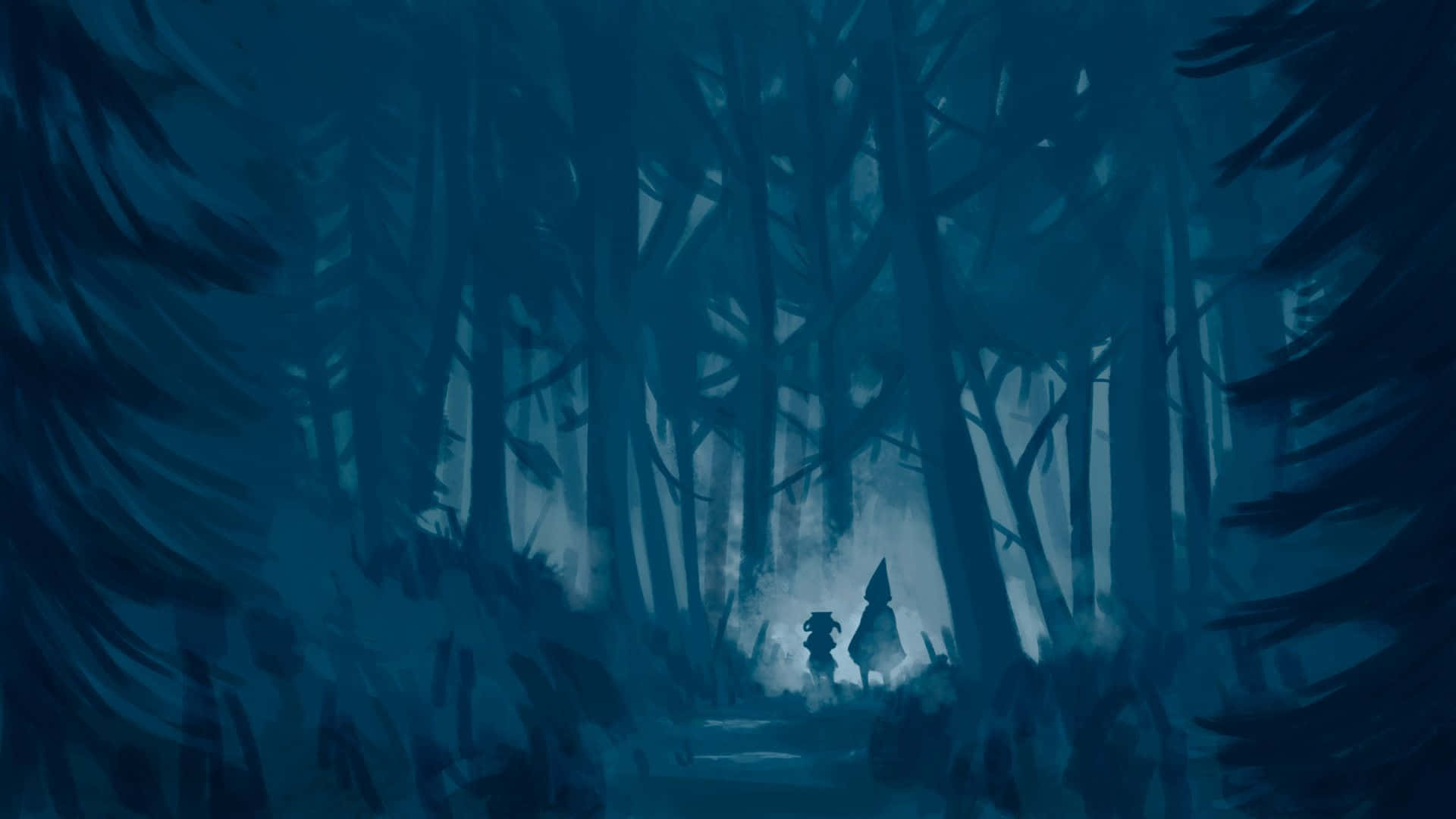 over the garden wall 桌布 壁紙 — 兩個剪影人物在迷霧森林小徑上行走，高聳的樹木沐浴在詭異的藍色暮光中。