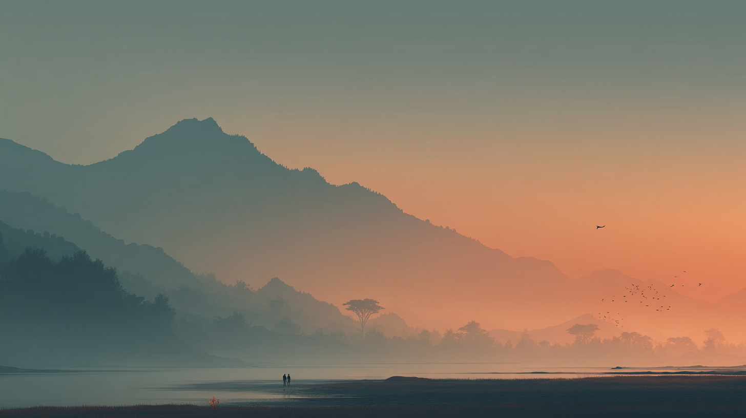 Calming Aesthetic 桌布 壁紙 — 兩個剪影人物在黎明時分走過霧氣瀰漫的湖泊，背景是層疊的山巒和一棵孤樹，天空呈現橙色漸變。