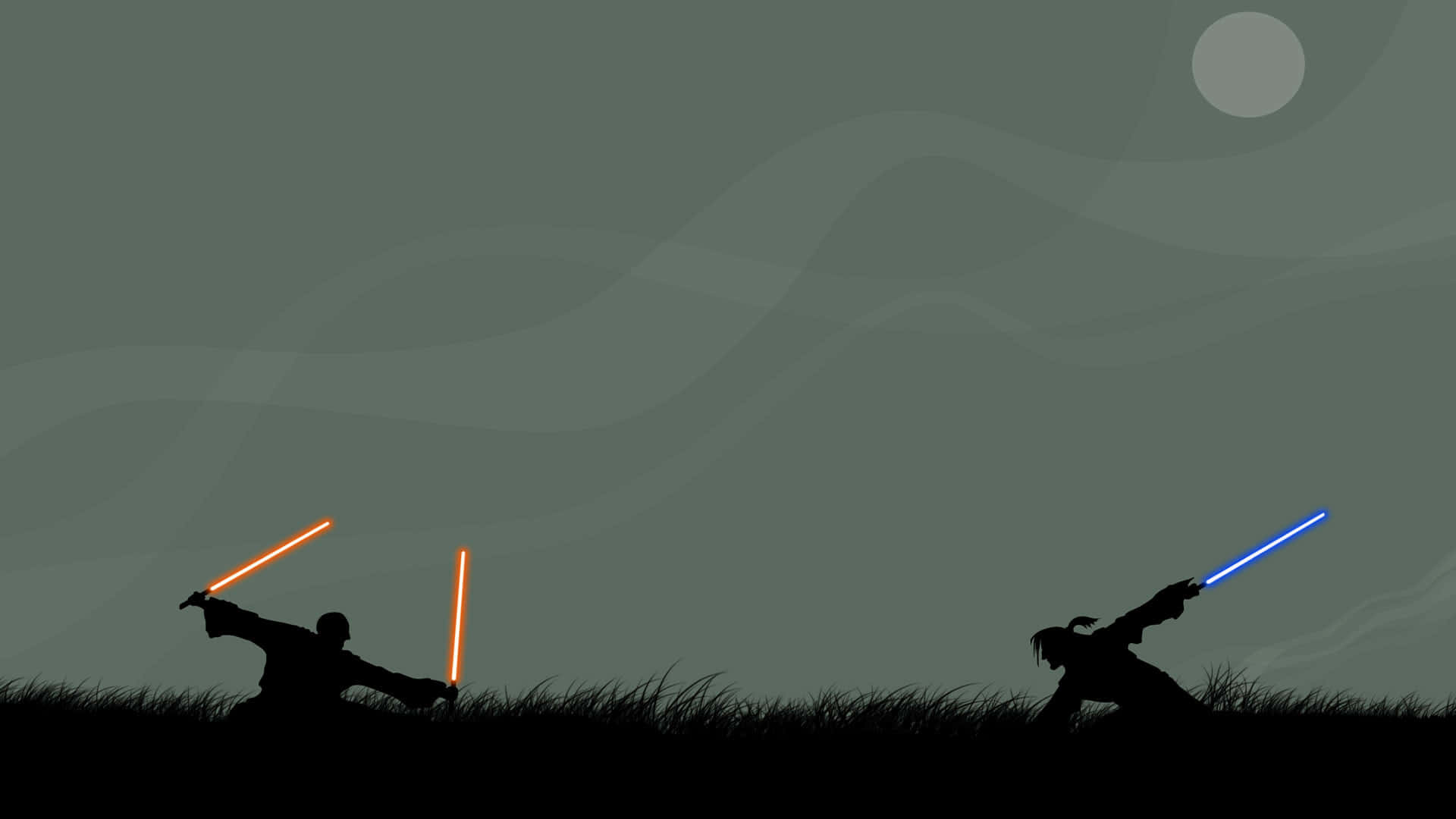 Lightsaber Duels 桌布 壁紙 — 兩個剪影人物在黑暗月光下、波狀雲層的天空中，用發光的橙色和藍色光劍決鬥。