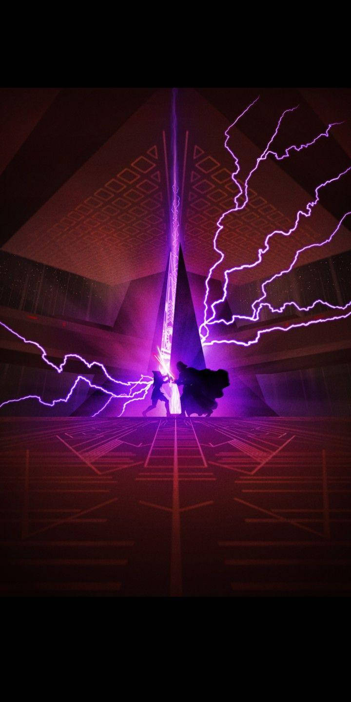 Lightsaber 桌布 壁紙 — 兩個剪影人物在黑暗的房間中衝突，紫色閃電從發光的巨石中噴發。