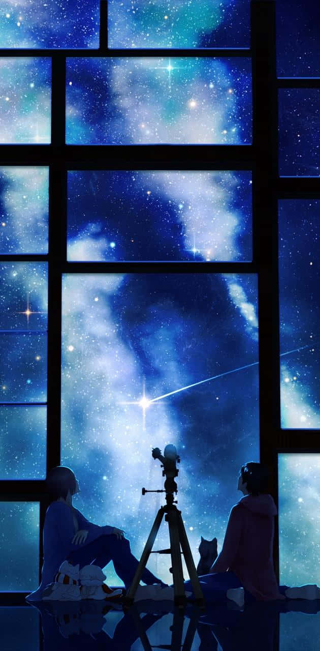 動漫 桌布 壁紙 — 兩個剪影人物坐在一個大窗前，凝視著充滿宇宙雲和明亮流星的生動星空。