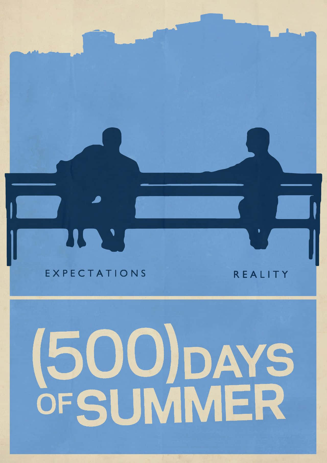 500 Days Of Summer 桌布 壁紙 — 兩個剪影人物坐在一張標有「期望」和「現實」的長椅上，背景是藍色的城市天際線，宣傳電影《戀夏500日》。