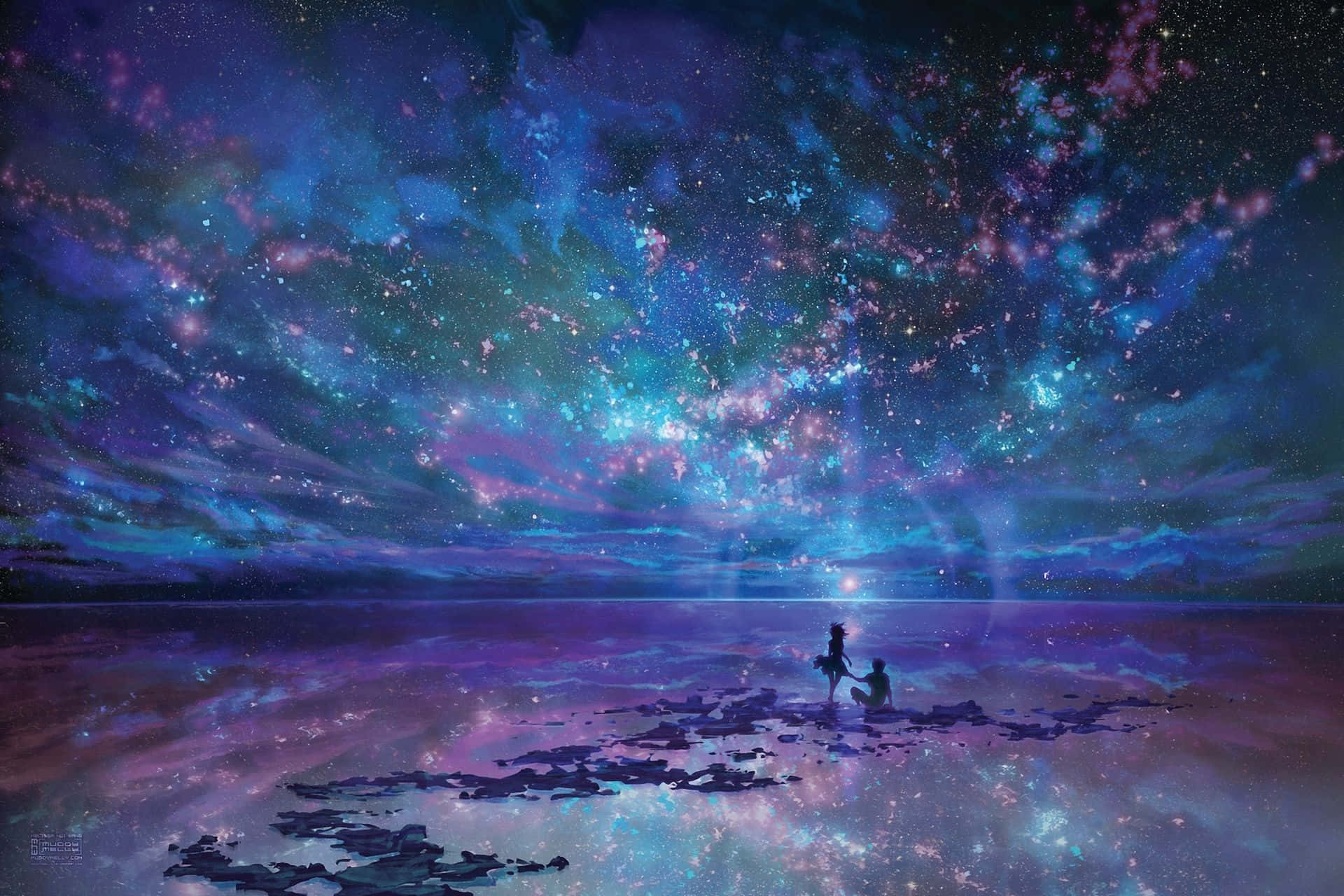 動漫 桌布 壁紙 — 兩個剪影人物坐在宇宙海岸上，下方是藍色、紫色和粉紅色漩渦星系在水中的倒影。
