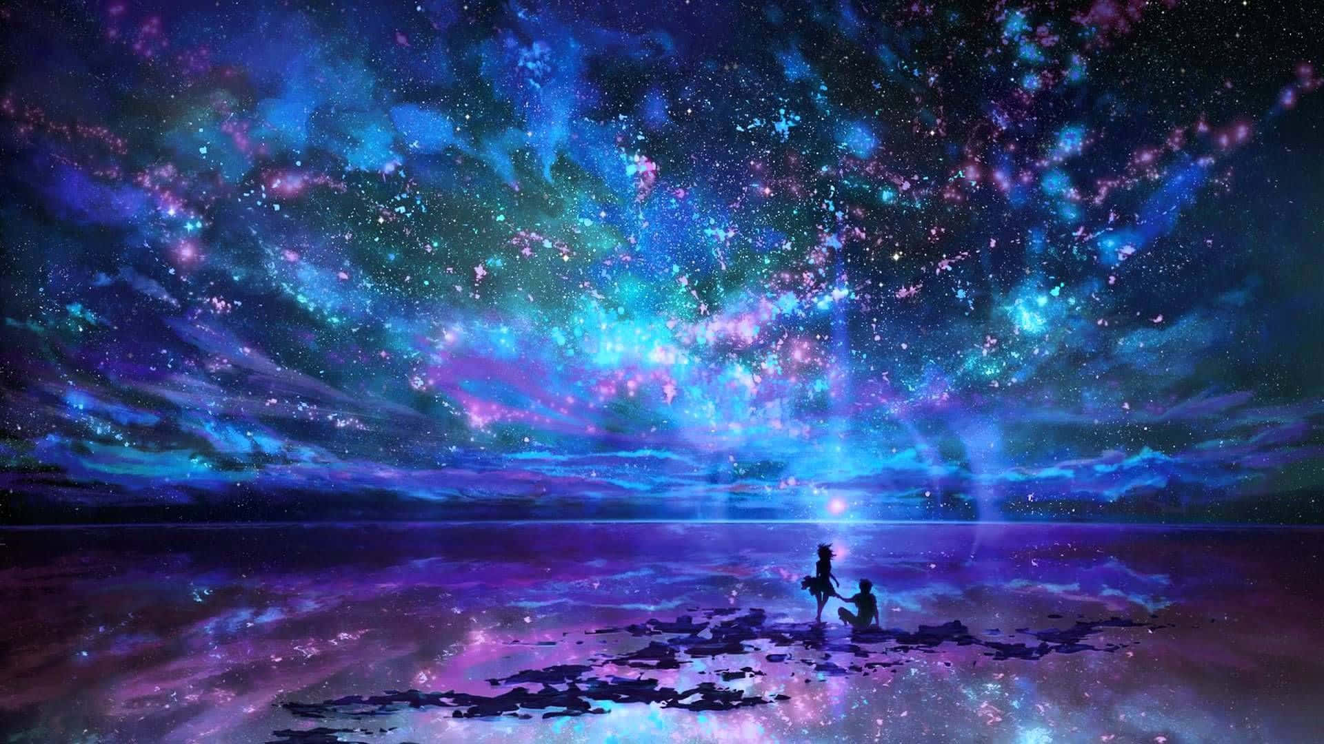 數位藝術 桌布 壁紙 — 兩個剪影人物坐在宇宙海岸上，下方是水中倒映的電光藍、紫和粉紅色漩渦星系。
