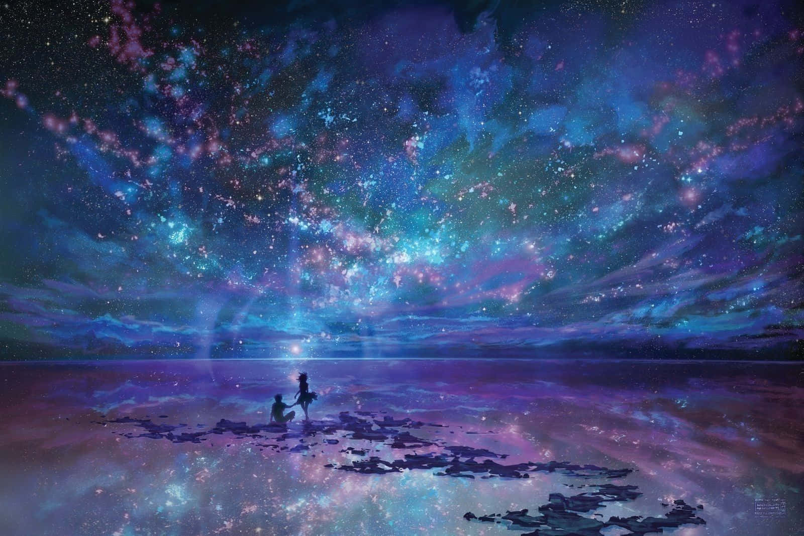 Beautiful Sky 桌布 壁紙 — 兩個剪影人物坐在宇宙海岸線上，下方是藍色、紫色和粉紅色的漩渦星系倒映在水中。