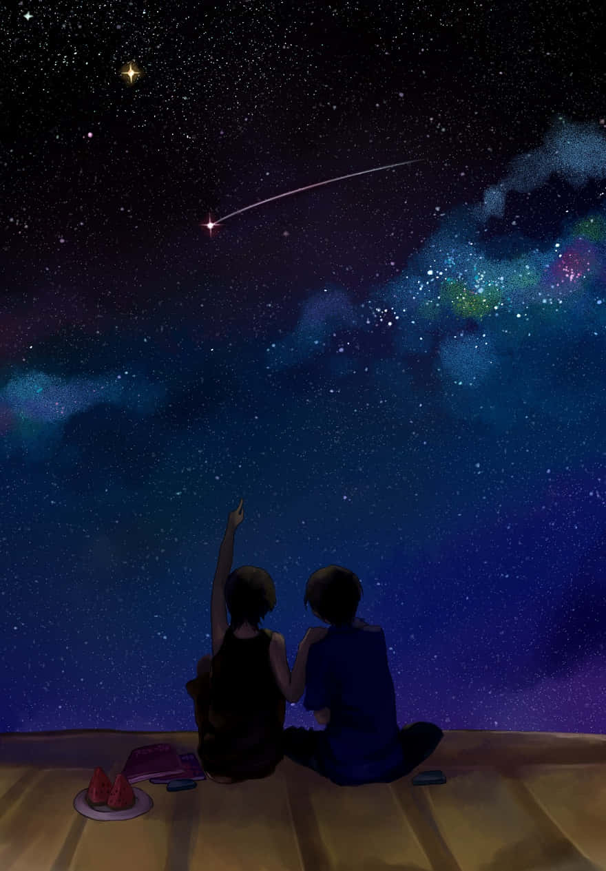 Stars 桌布 壁紙 — 兩個剪影人物坐在木地板上，指著一顆流星劃過充滿活力、繁星點點的夜空，伴隨著色彩繽紛的星雲。