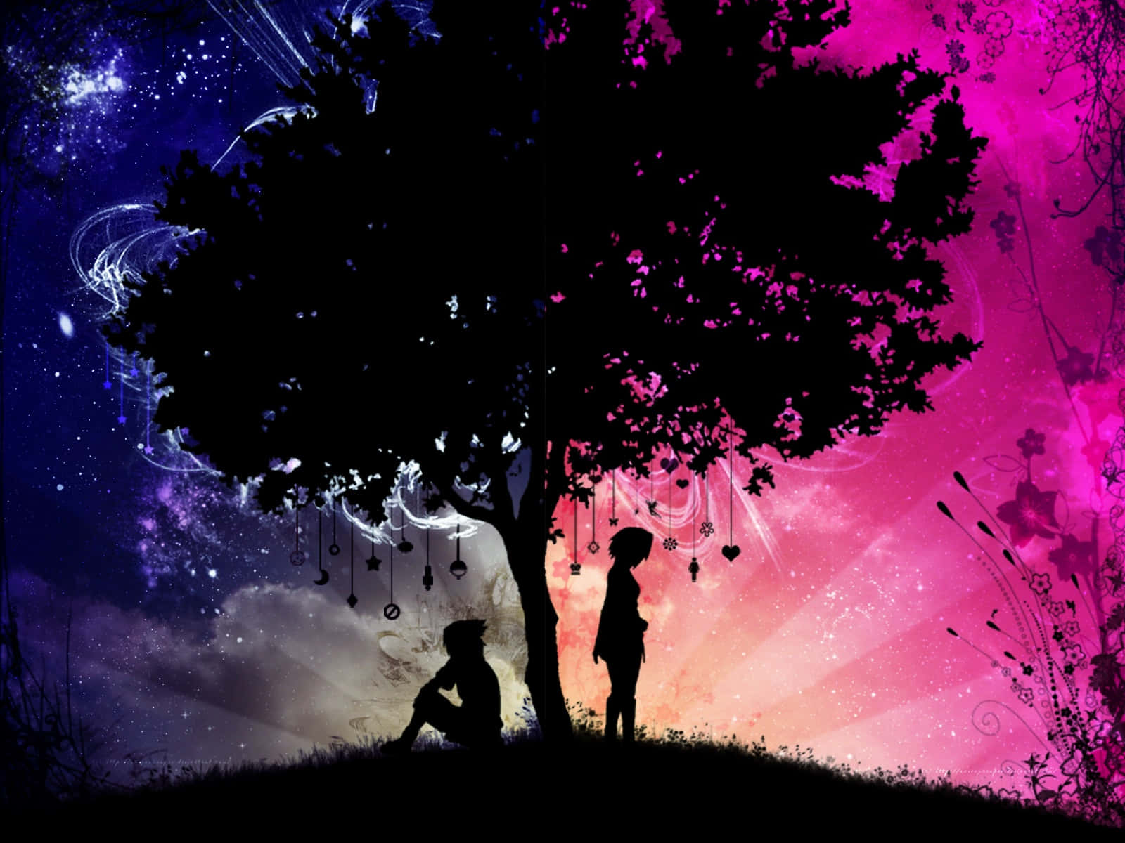 Sasuke Sakura 桌布 壁紙 — 兩個剪影人物坐在樹下，背景是充滿粉紅色和紫色星雲的鮮豔宇宙天空。