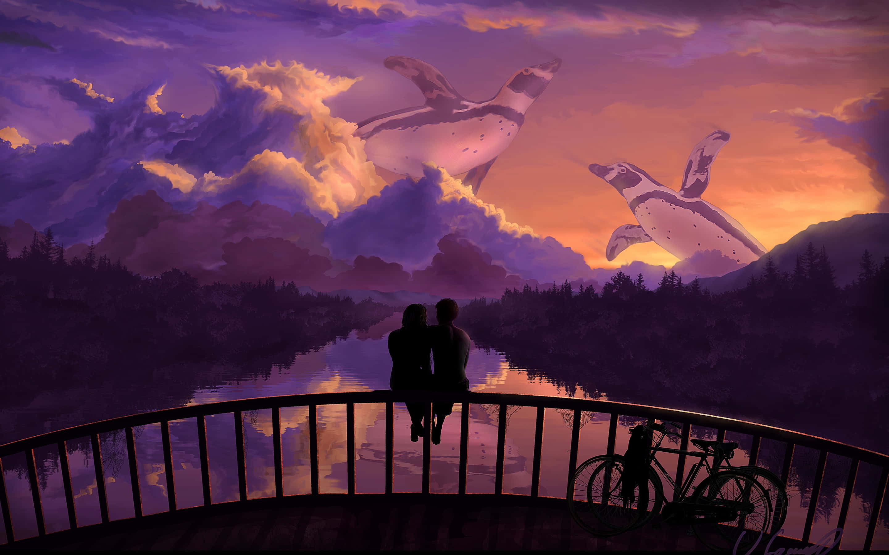 Love Couple 桌布 壁紙 — 兩個剪影人物坐在橋欄杆上，看著巨大的企鵝在充滿活力的紫色和橙色日落天空中翱翔。