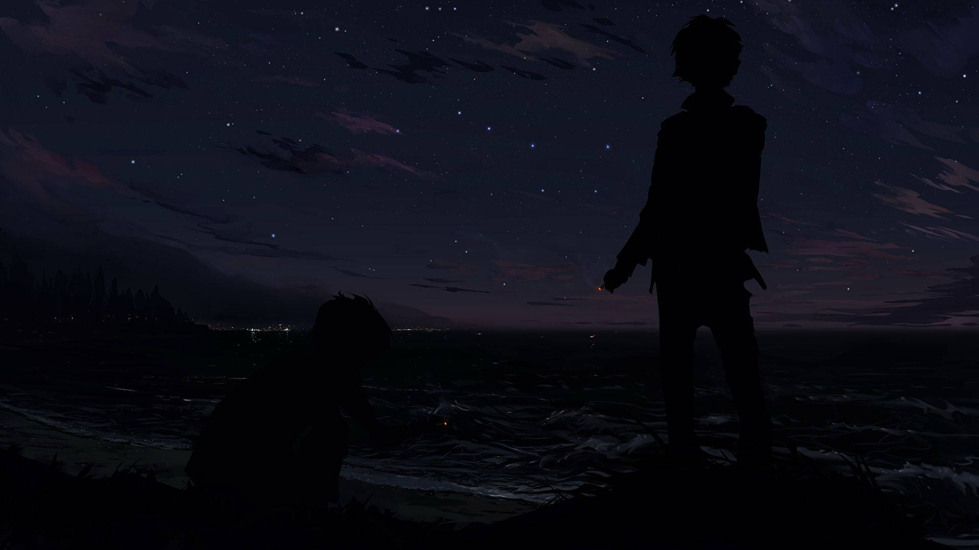 夜空 桌布 壁紙 — 兩個剪影人物夜晚站在懸崖上，凝視著黑暗海洋上方的星空。