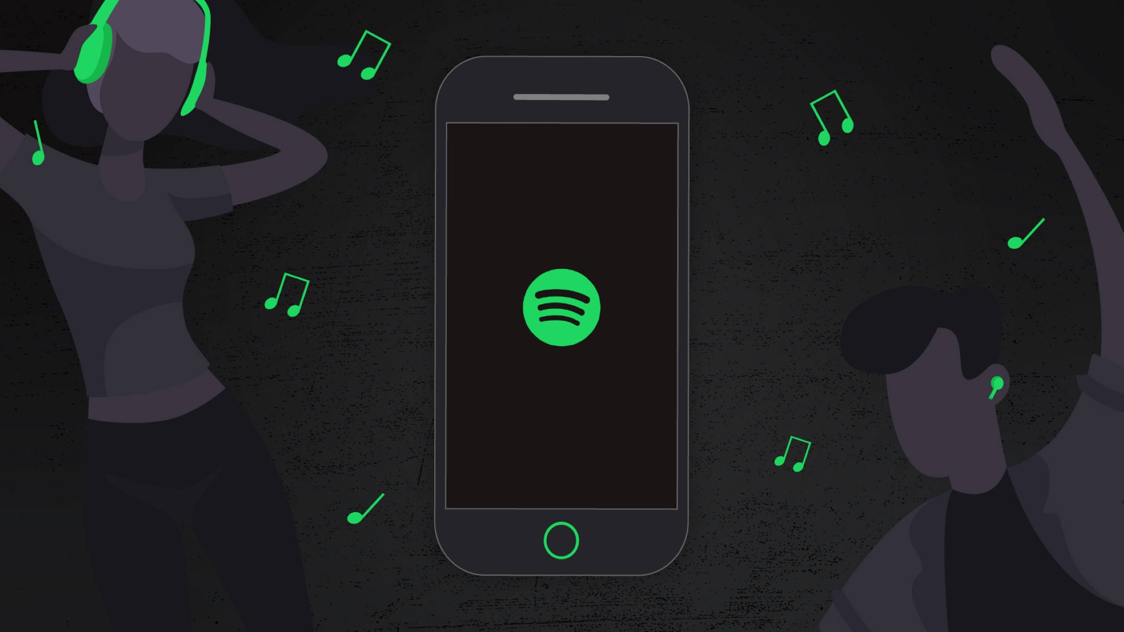 Spotify 桌布 壁紙 — 兩個剪影人物戴著發光的綠色耳機和音符，圍繞著顯示Spotify標誌的智慧型手機跳舞。