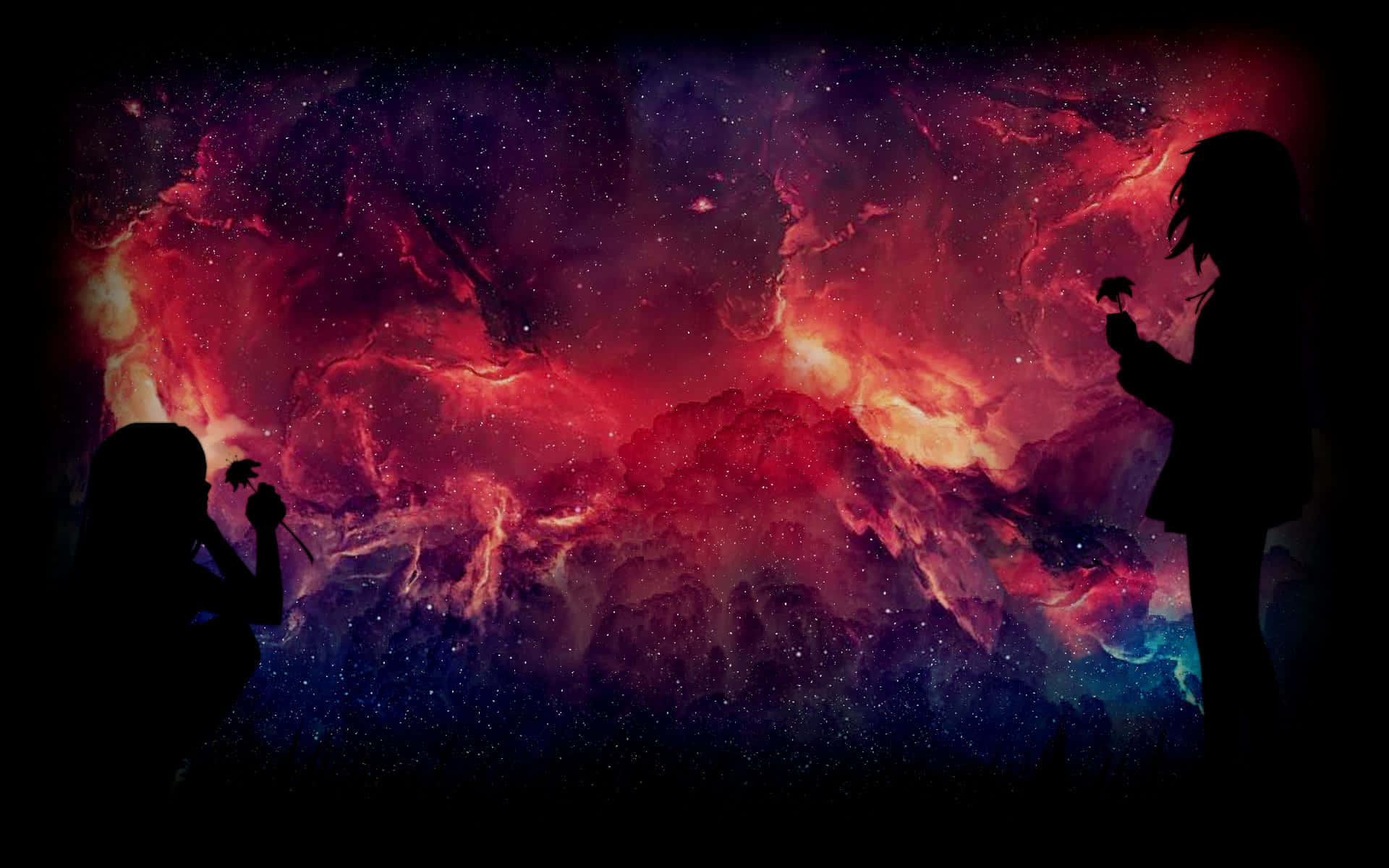 Red Space 桌布 壁紙 — 兩個剪影人物手持鮮花，背景是散發紅、紫、藍色光芒的鮮豔宇宙星雲。