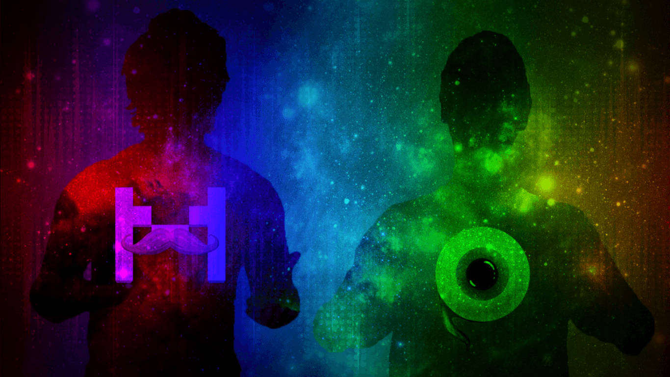 Jacksepticeye 桌布 壁紙 — 兩個剪影人物散發著鮮豔的宇宙色彩，在星光閃爍的數位背景前手持發光符號。
