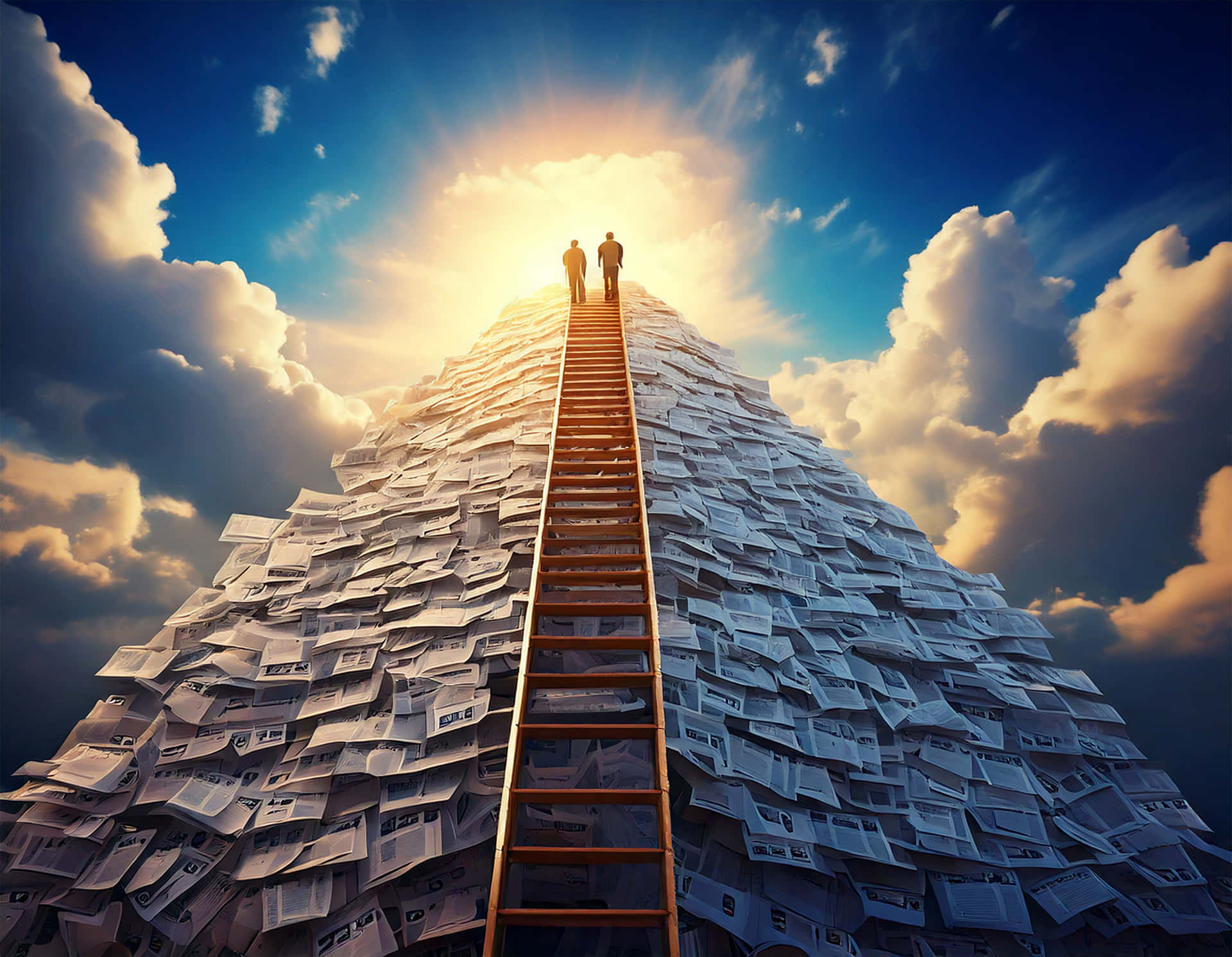 Ladder 壁紙 — 兩個剪影人物爬上木梯，攀登由堆疊報紙頁面組成的巍峨山峰，朝向燦爛的陽光天空。