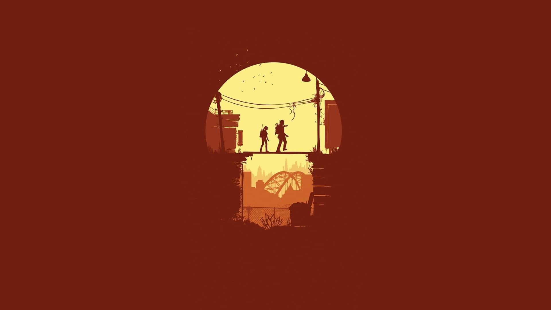 Minimalist Gaming 桌布 壁紙 — 兩個剪影人物穿過一座由圓形窗戶框住的橋樑，背景是溫暖的日落天空。