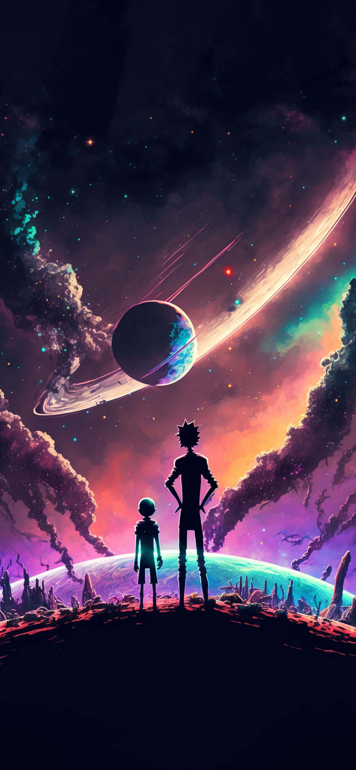 瑞克和莫蒂 桌布 壁紙 — 兩個剪影人物站在一個外星行星上，凝視著充滿活力的宇宙天空，其中有帶環行星和色彩繽紛的星雲。