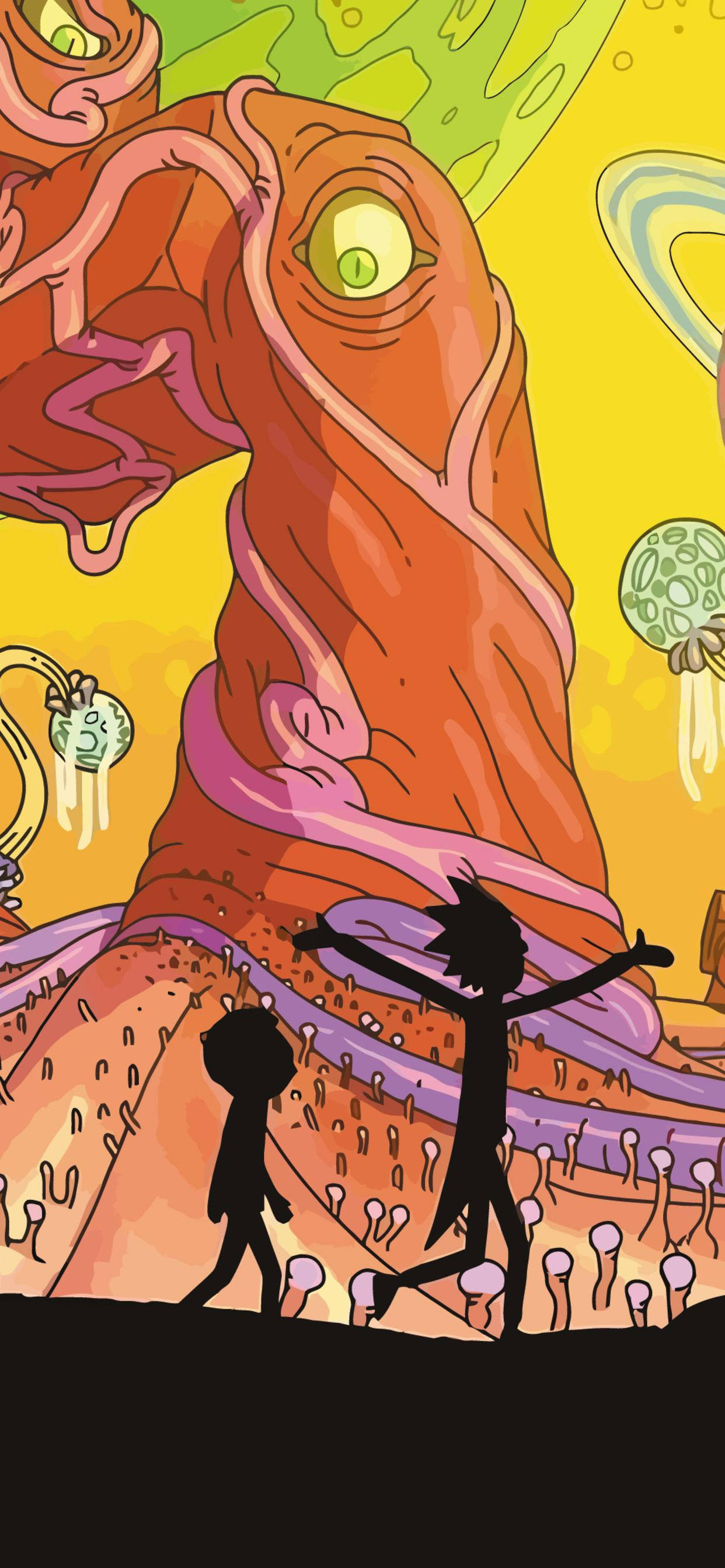 rick 桌布 壁紙 — 兩個剪影人物站在一個巨大的單眼橙色外星生物面前，背景是超現實、色彩繽紛的外星景觀。