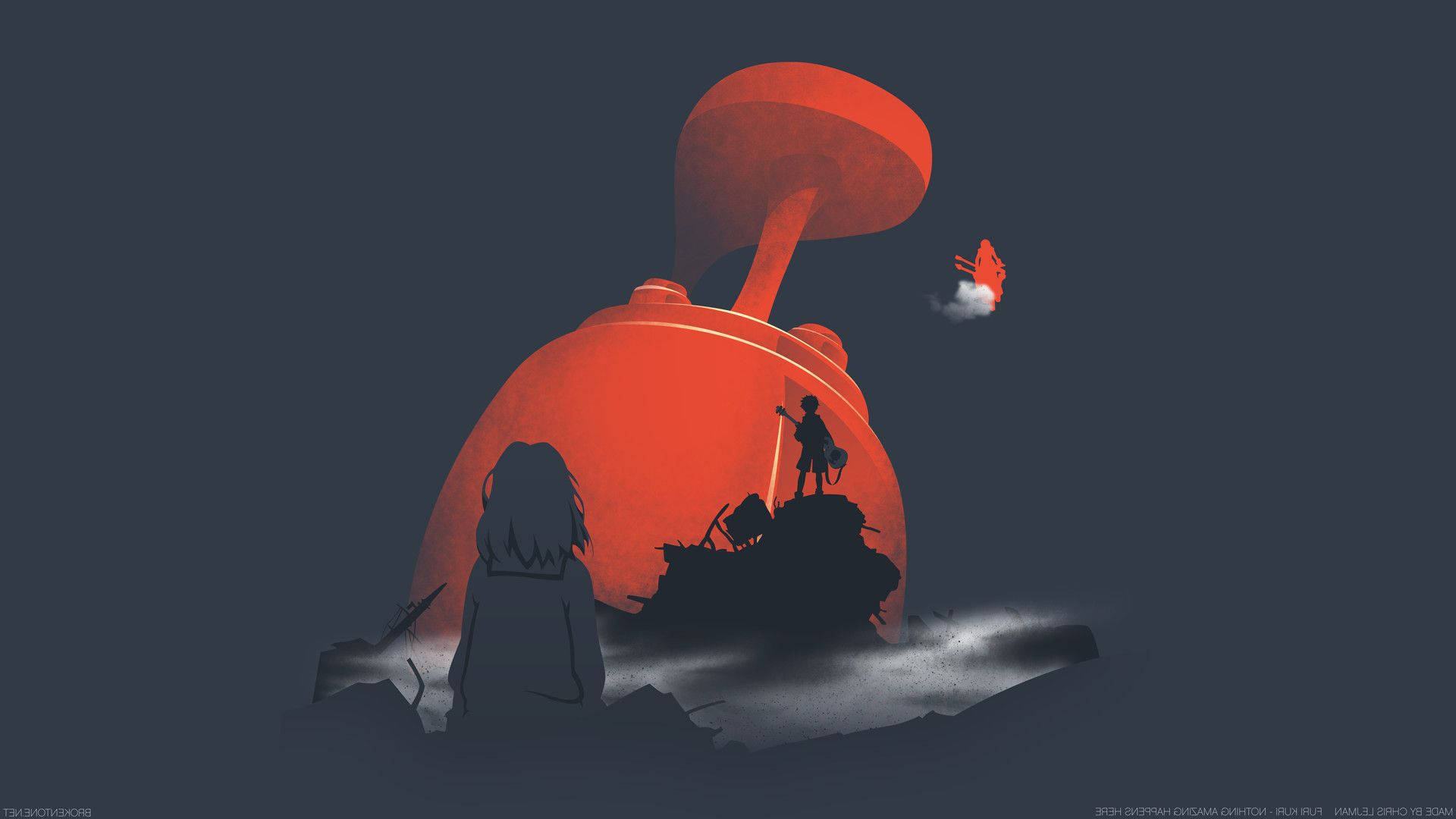 曉 桌布 壁紙 — 兩個剪影人物站在一個巨大的紅色蘑菇前，背景是陰暗的風景，附近有一隻小紅鳥在飛翔。