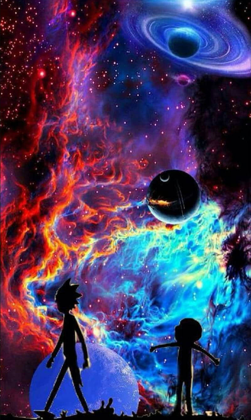 瑞克和莫蒂 桌布 壁紙 — 兩個剪影人物站在一個星球上，凝視著一個宇宙場景，其中有旋轉的紅色和藍色星雲、一個黑洞和一個發光的星球。