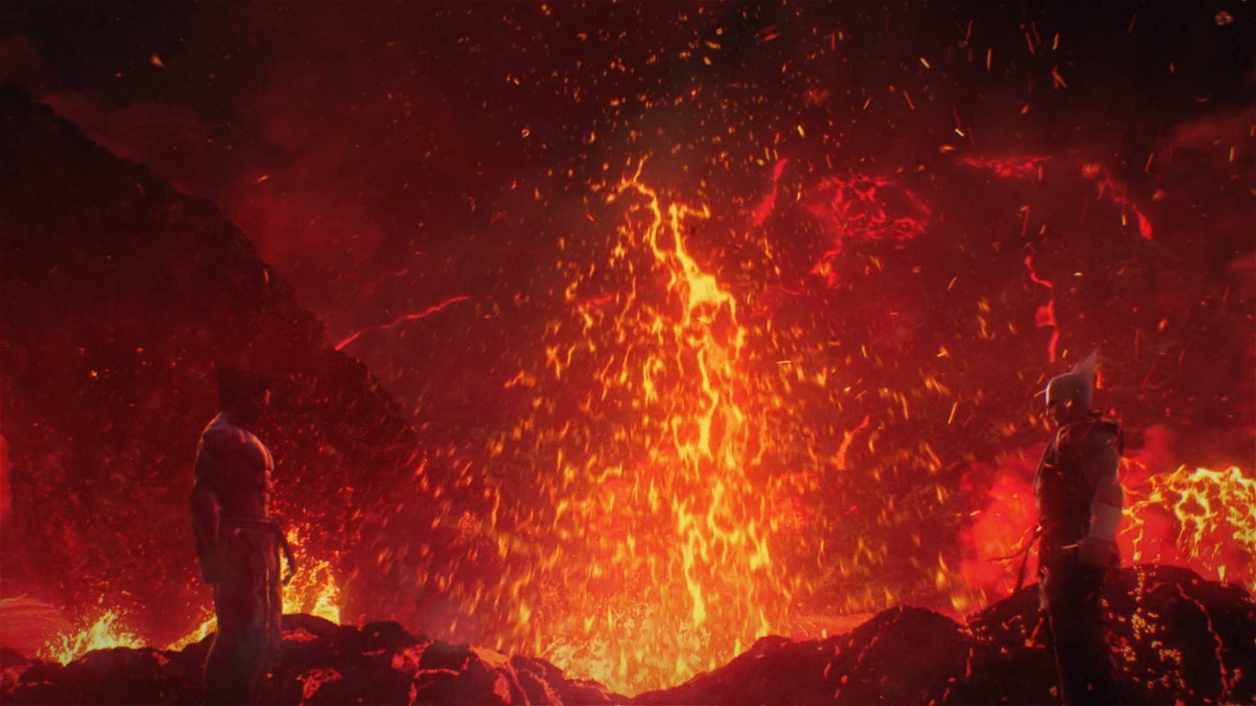 kazuya mishima 桌布 壁紙 — 兩個剪影人物站在一座猛烈噴發的火山前，火山向暗紅色的天空噴出熾熱的熔岩和發光的餘燼。