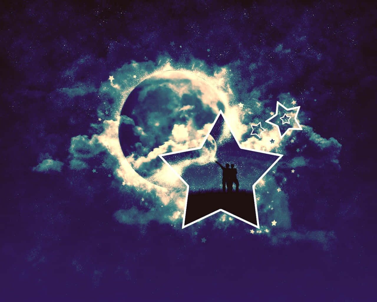 桌布 壁紙 — 兩個剪影人物站在一顆發光的星星上，伸手朝向被宇宙雲層和閃爍星星包圍的彎月。