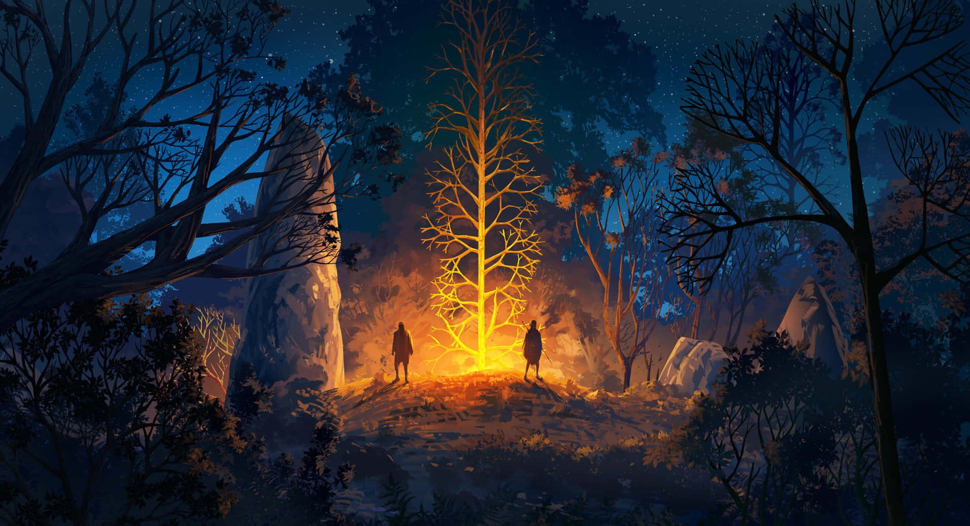 Night Forest 桌布 壁紙 — 兩個剪影人物站在夜晚星空森林中一棵發光的金色樹前。