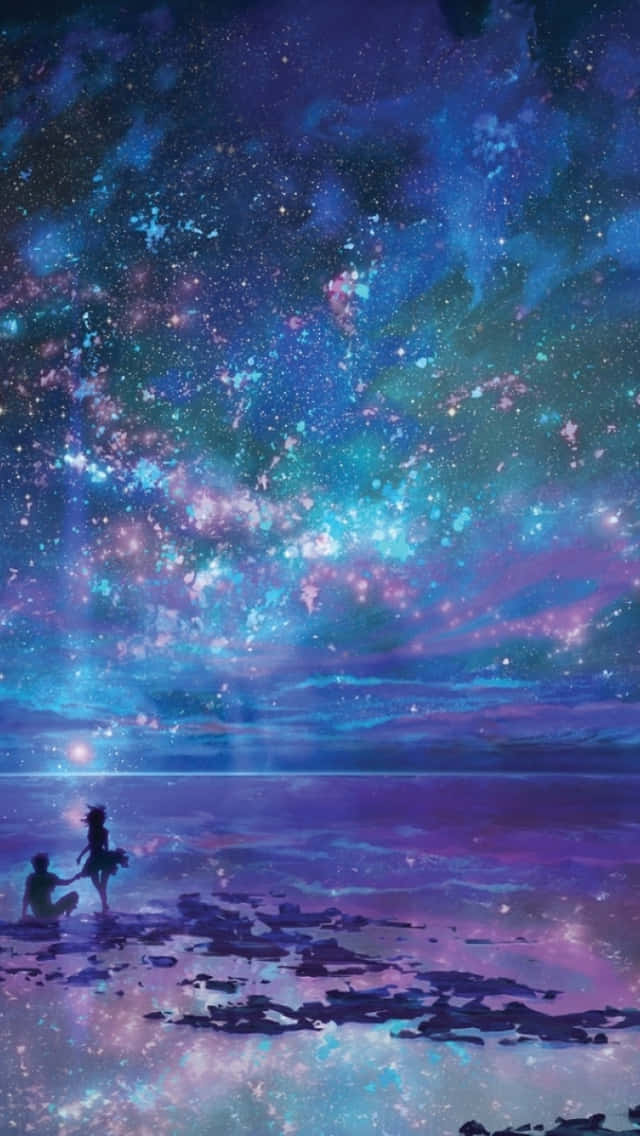 情侶 桌布 壁紙 — 兩個剪影人物站在宇宙海岸線上，下方是藍色、紫色和粉紅色漩渦狀的星系。