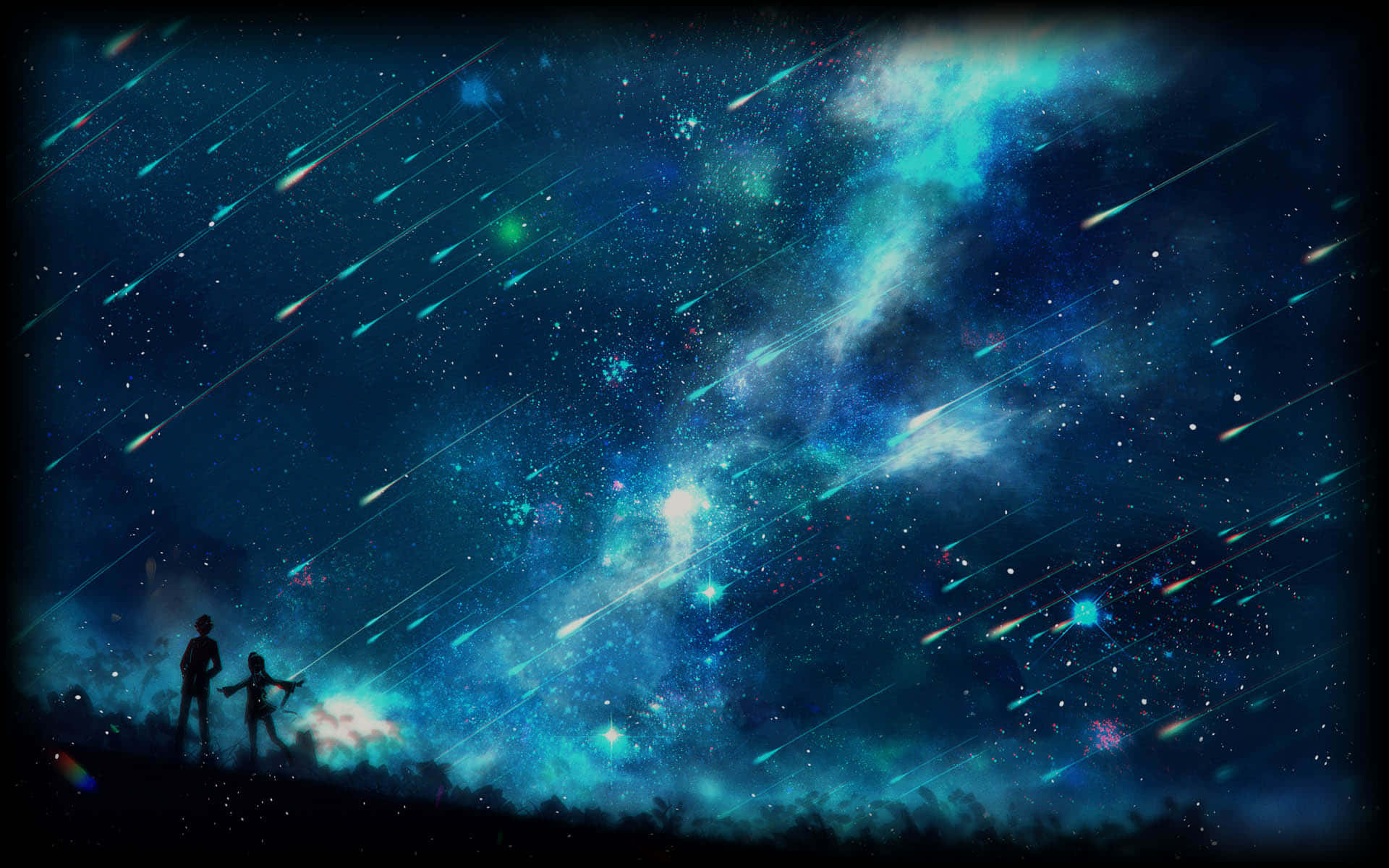 兩個人在繁星點點的夜空下觀看五彩繽紛的流星雨。 — 顯現 GIF 壁紙